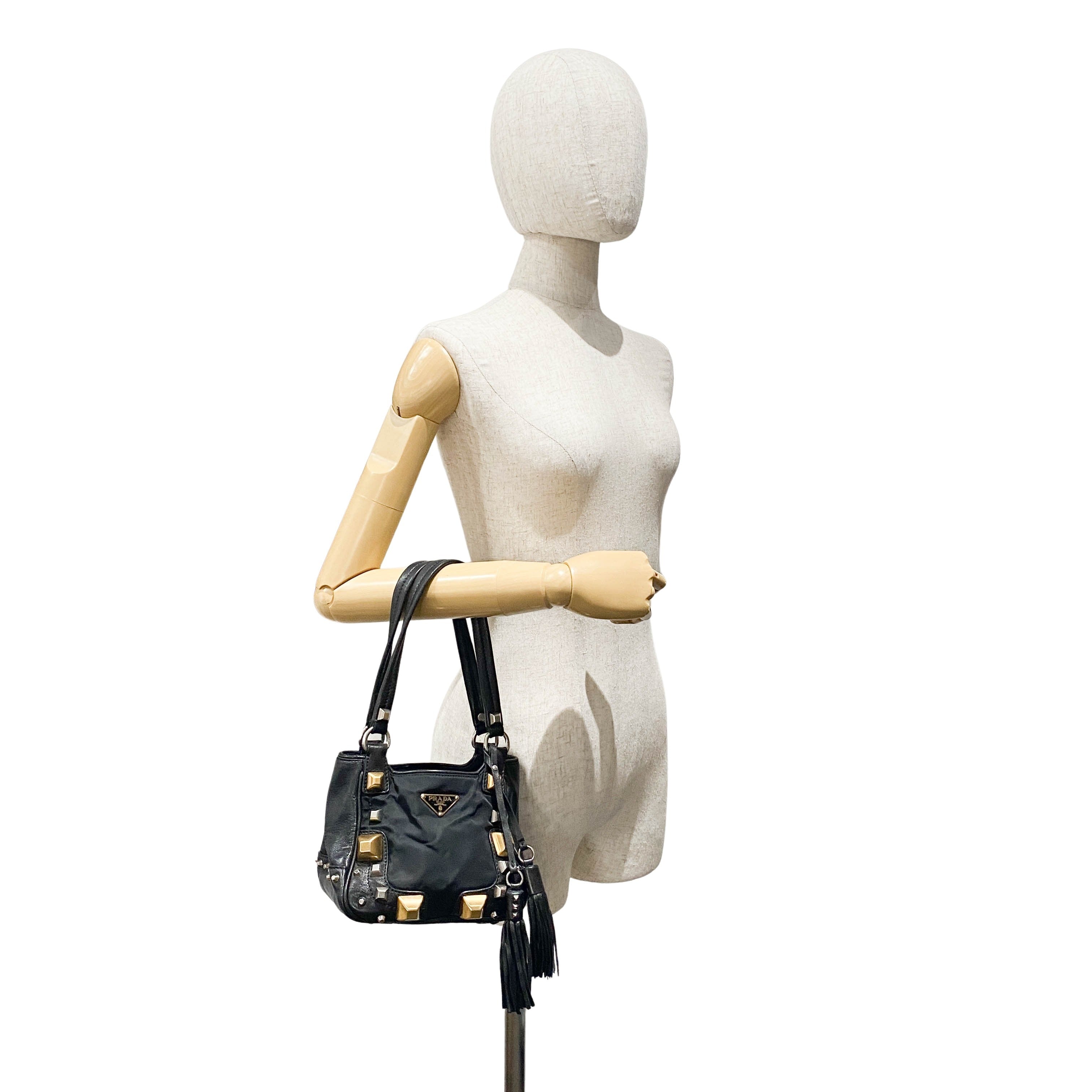 Mini Black Nylon & Leather Studs Shoulder Bag