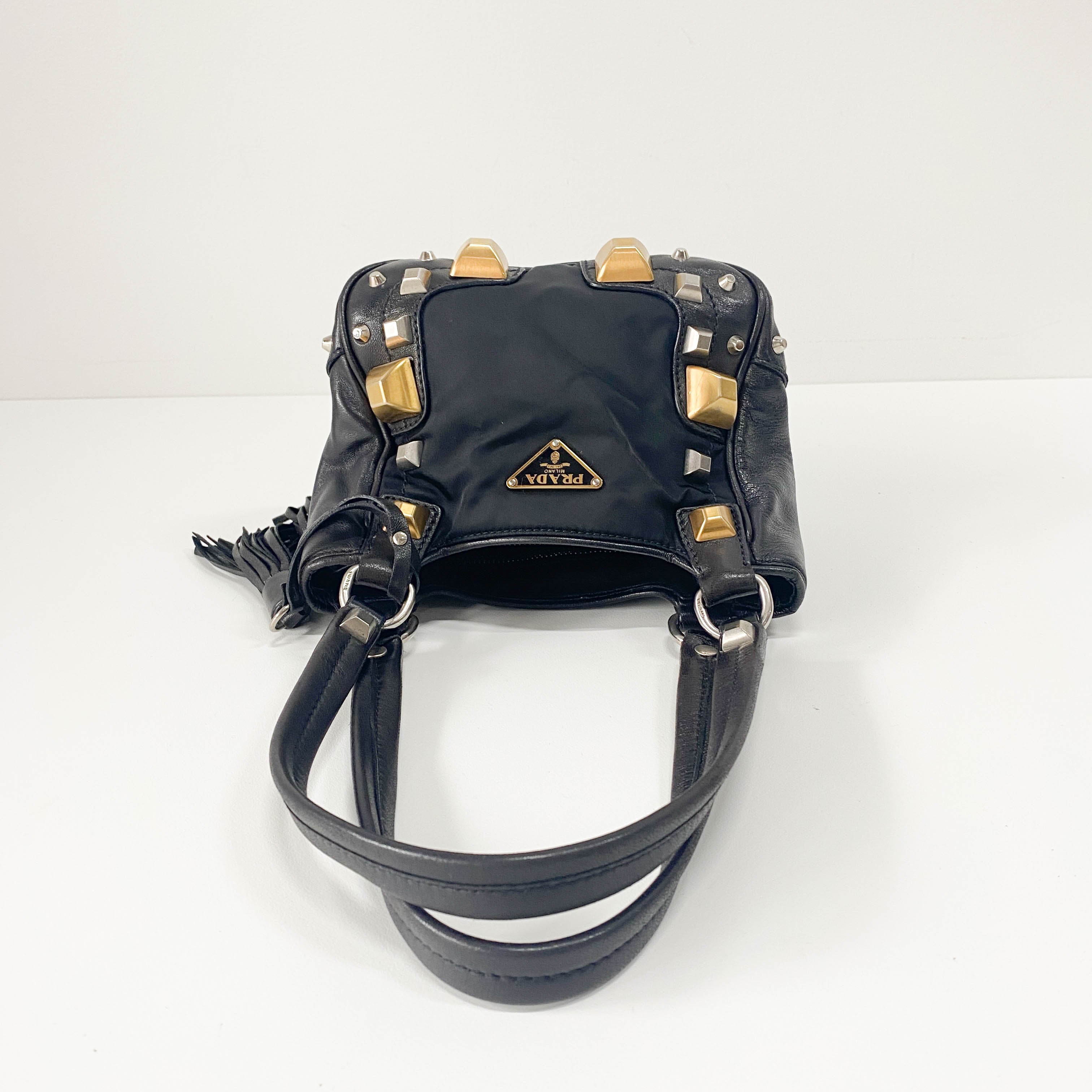 Mini Black Nylon & Leather Studs Shoulder Bag