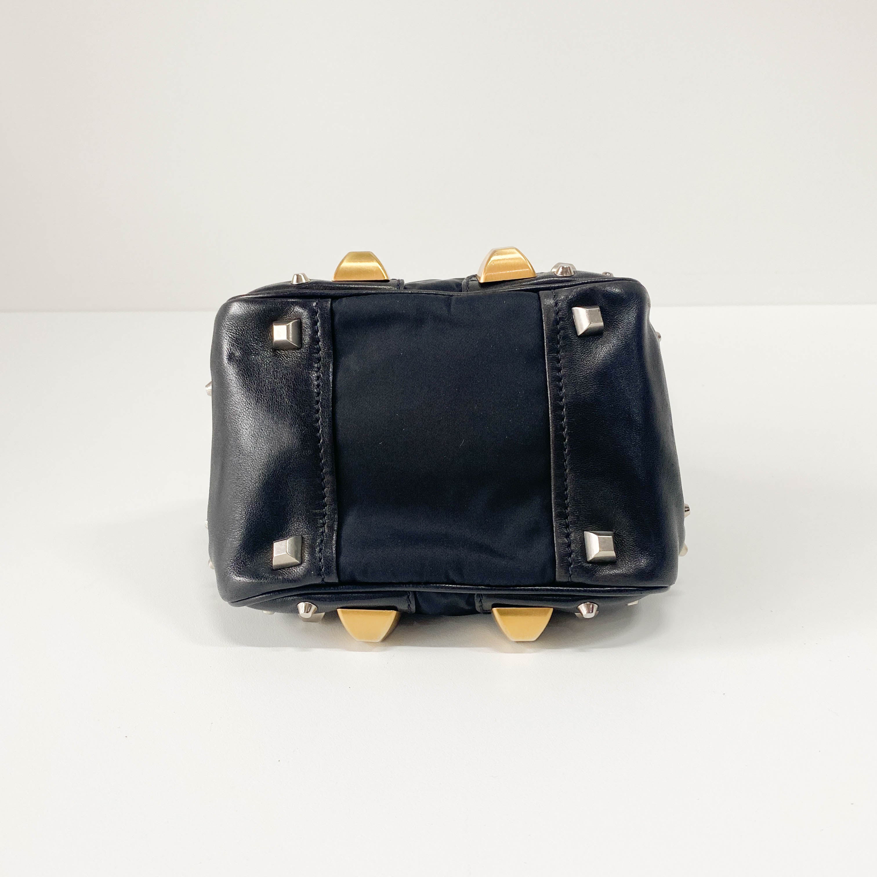 Mini Black Nylon & Leather Studs Shoulder Bag