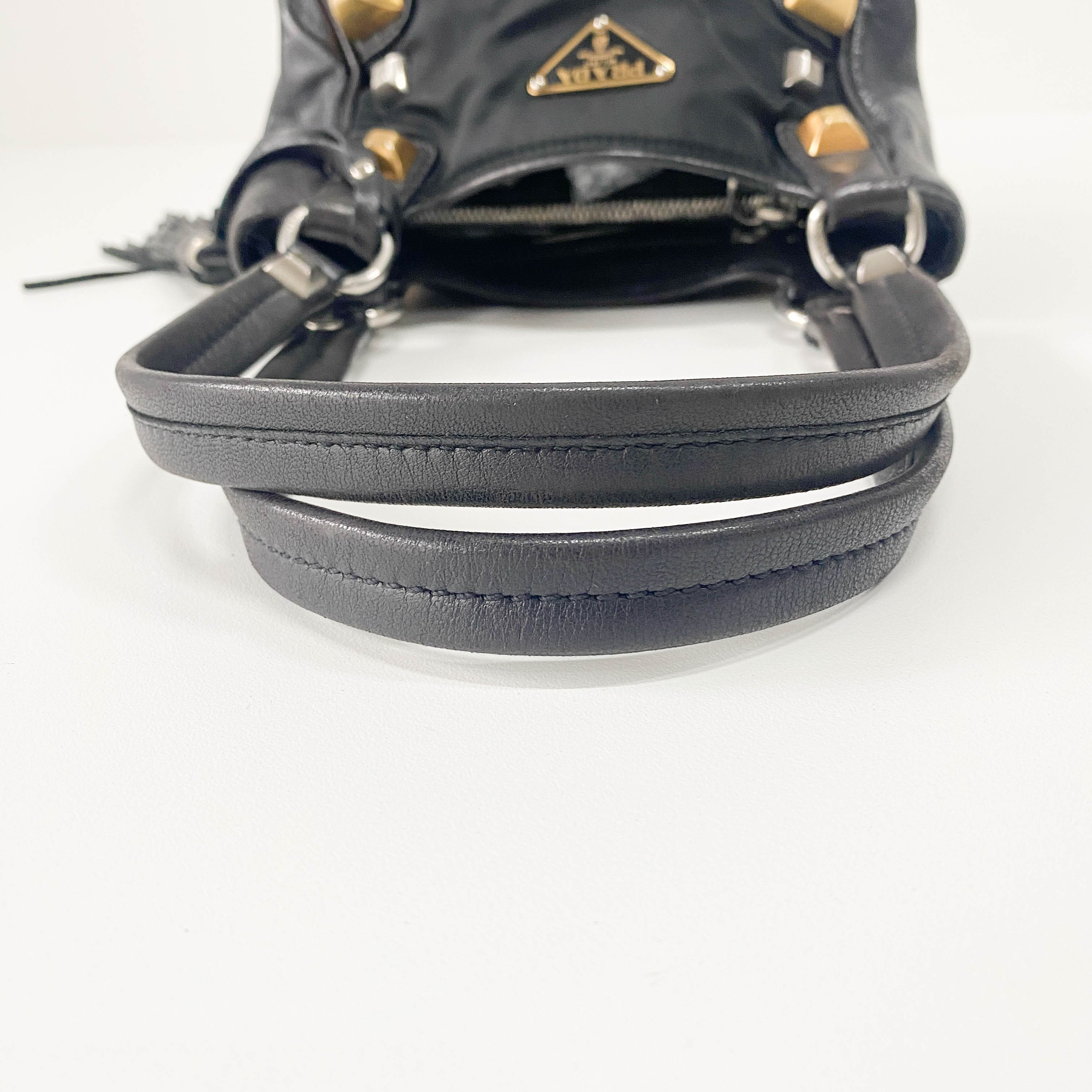 Mini Black Nylon & Leather Studs Shoulder Bag