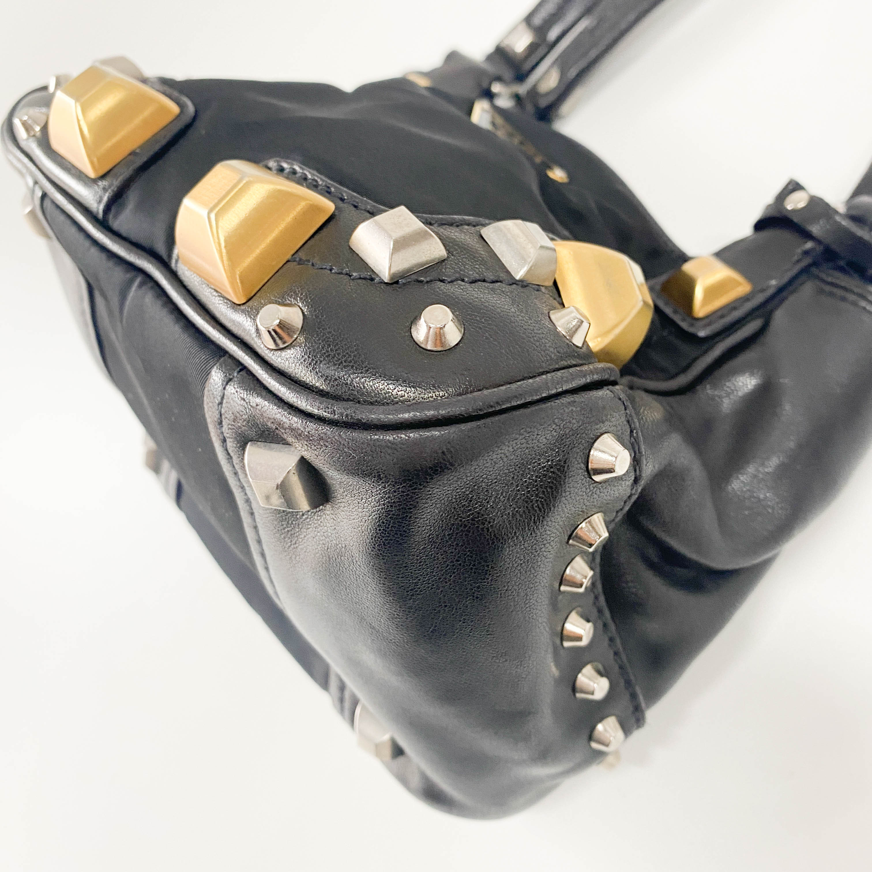 Mini Black Nylon & Leather Studs Shoulder Bag
