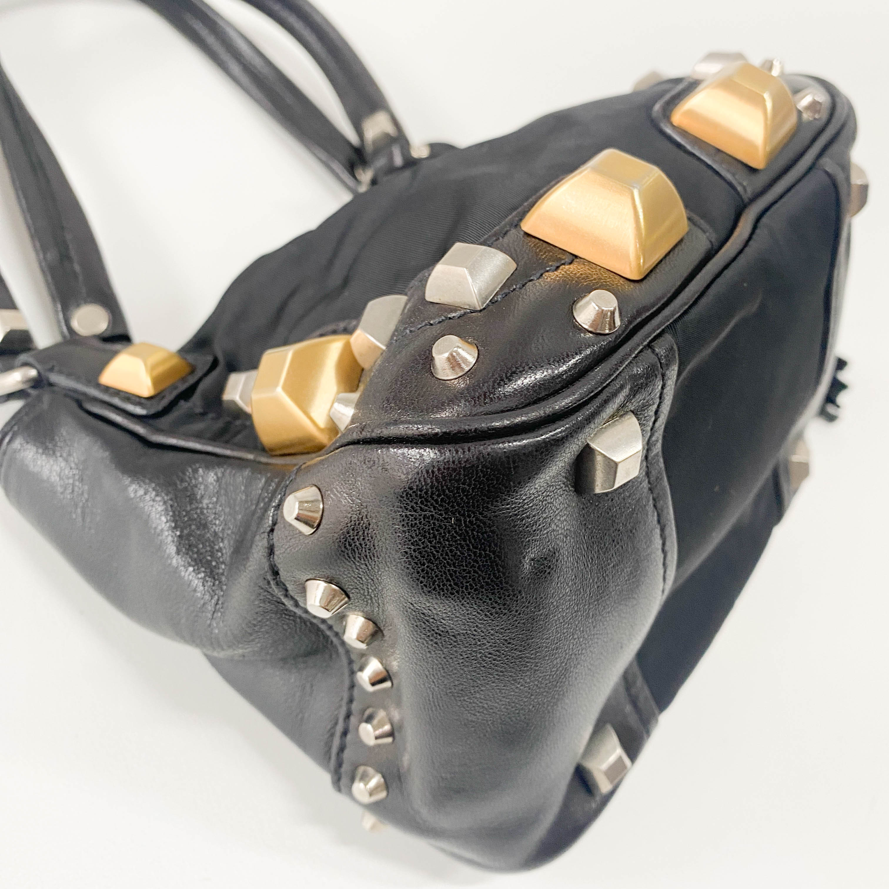 Mini Black Nylon & Leather Studs Shoulder Bag