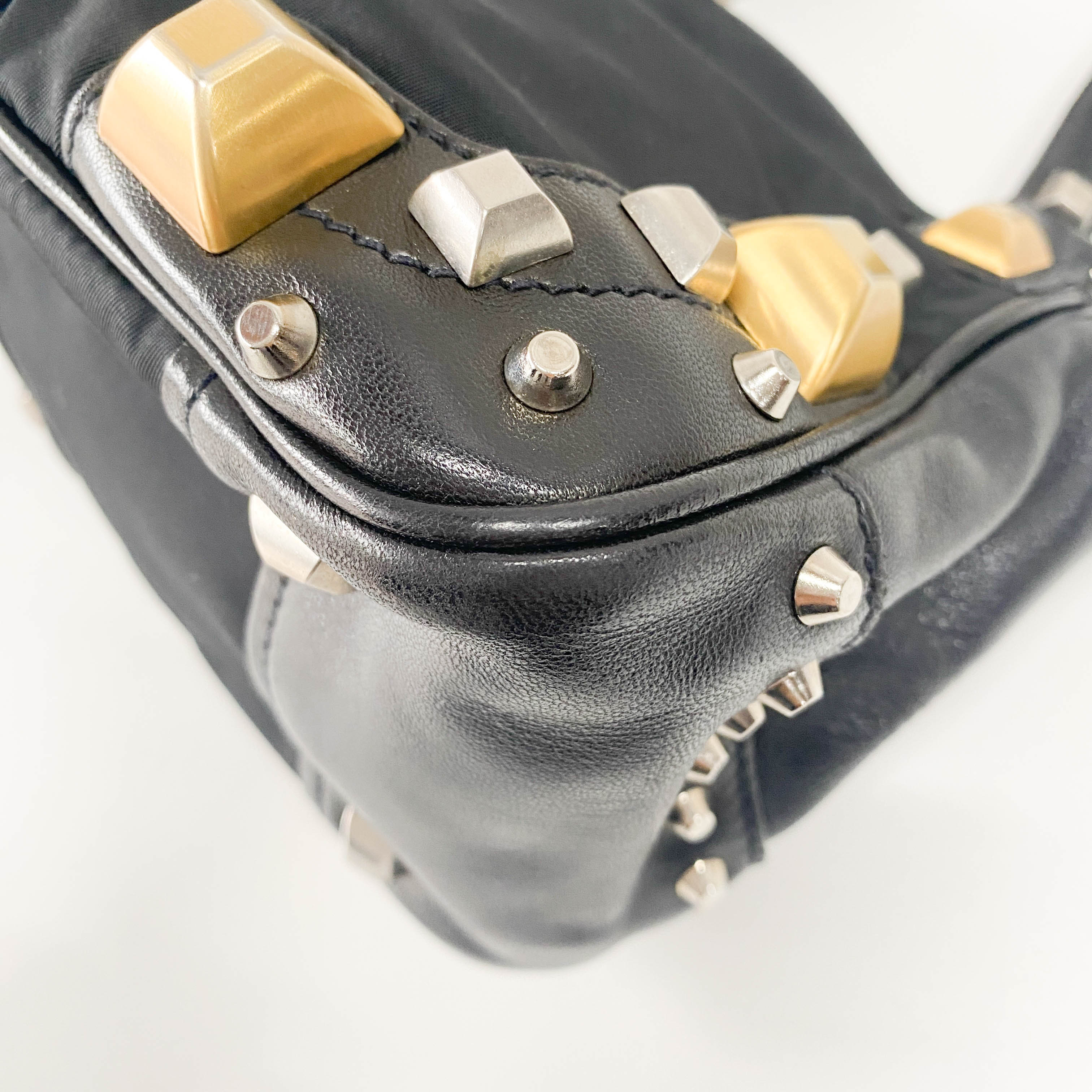 Mini Black Nylon & Leather Studs Shoulder Bag