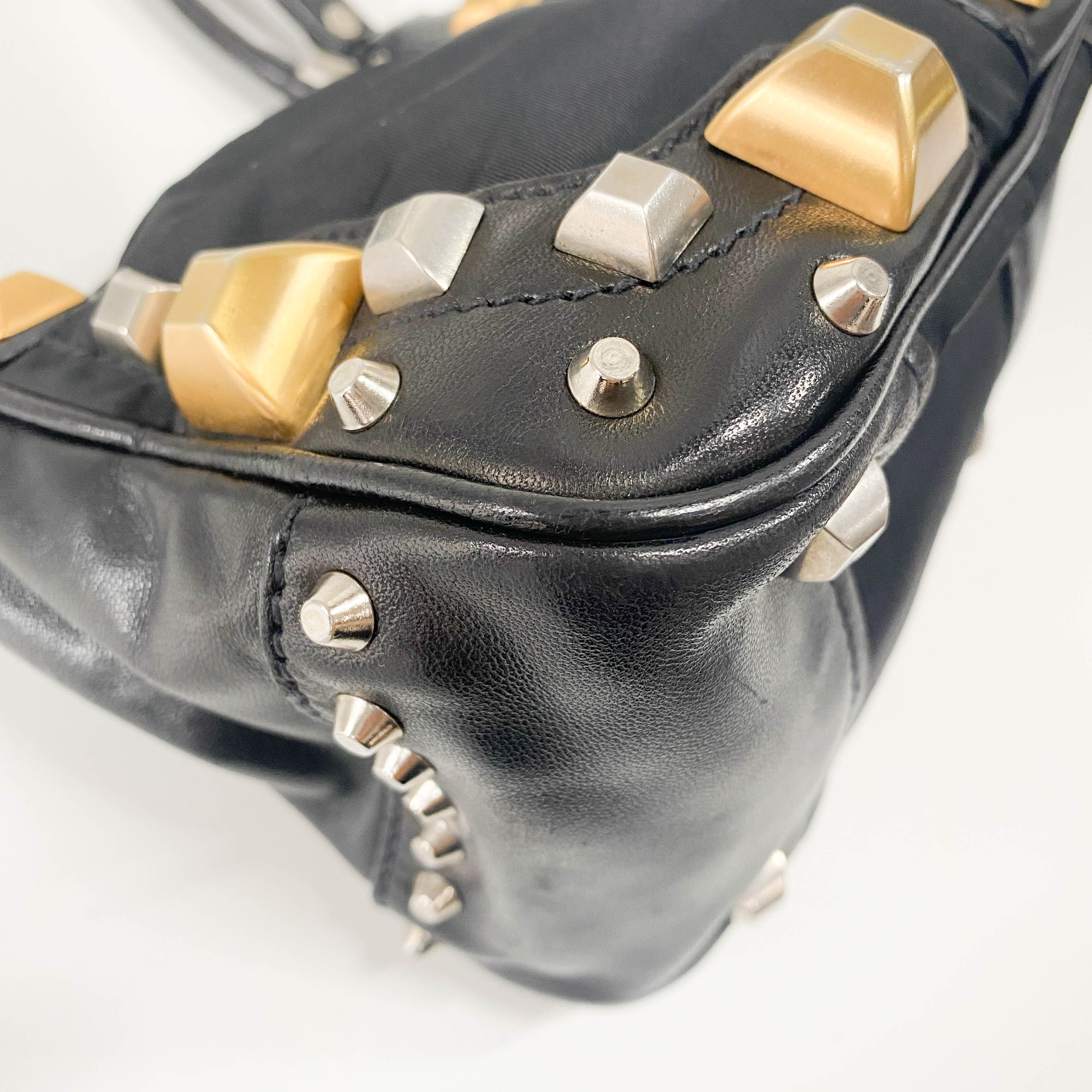 Mini Black Nylon & Leather Studs Shoulder Bag