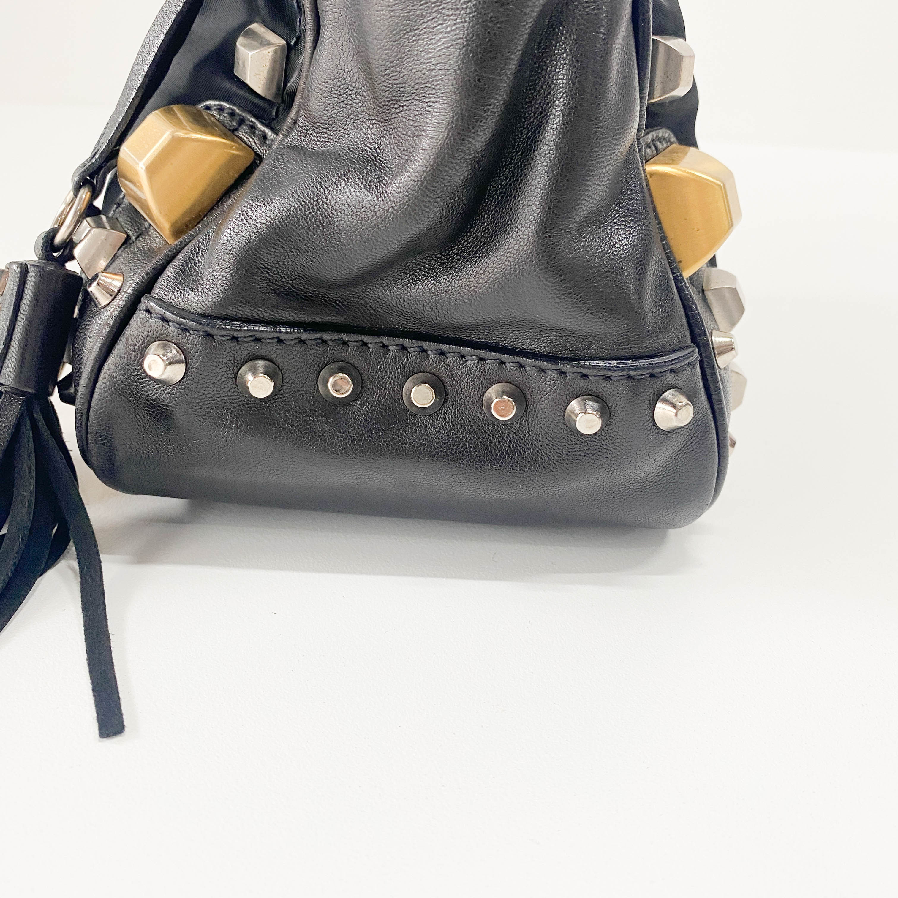 Mini Black Nylon & Leather Studs Shoulder Bag