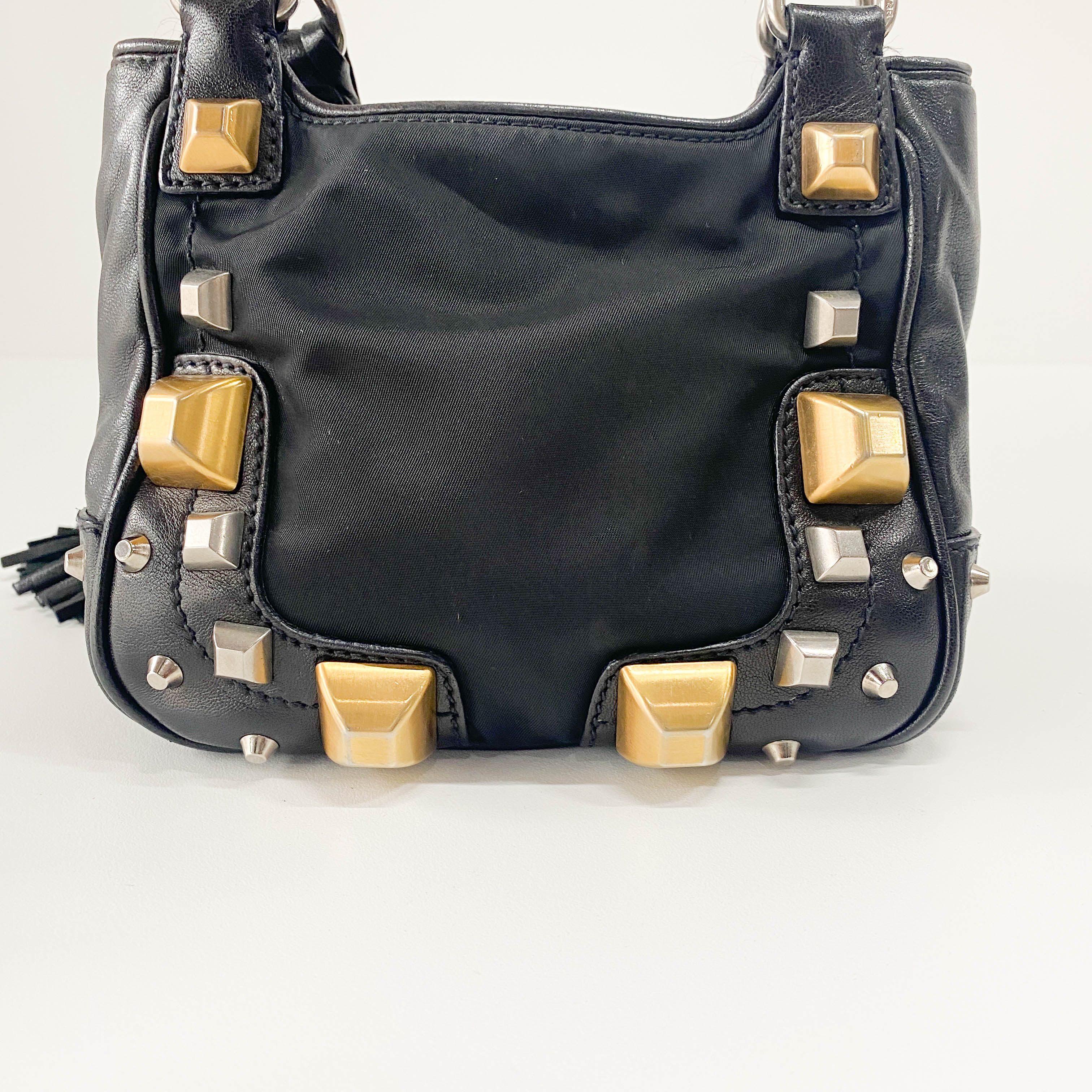 Mini Black Nylon & Leather Studs Shoulder Bag