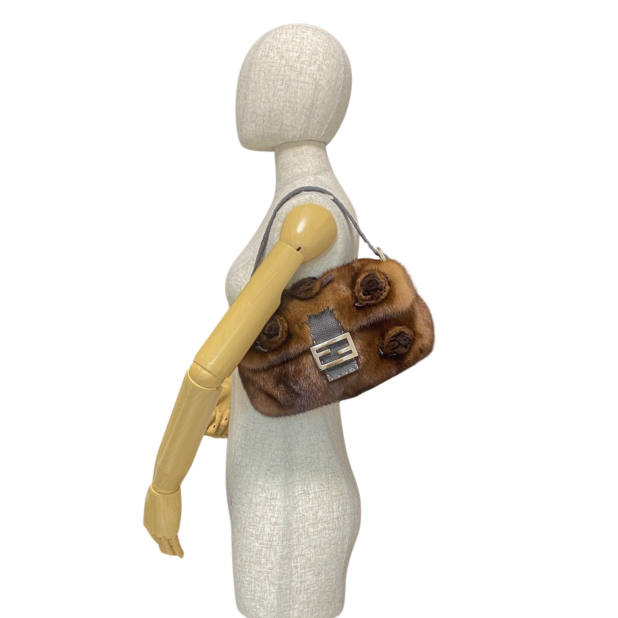 Baguette Brown Fur with Flower Selleria Shoulder Bag