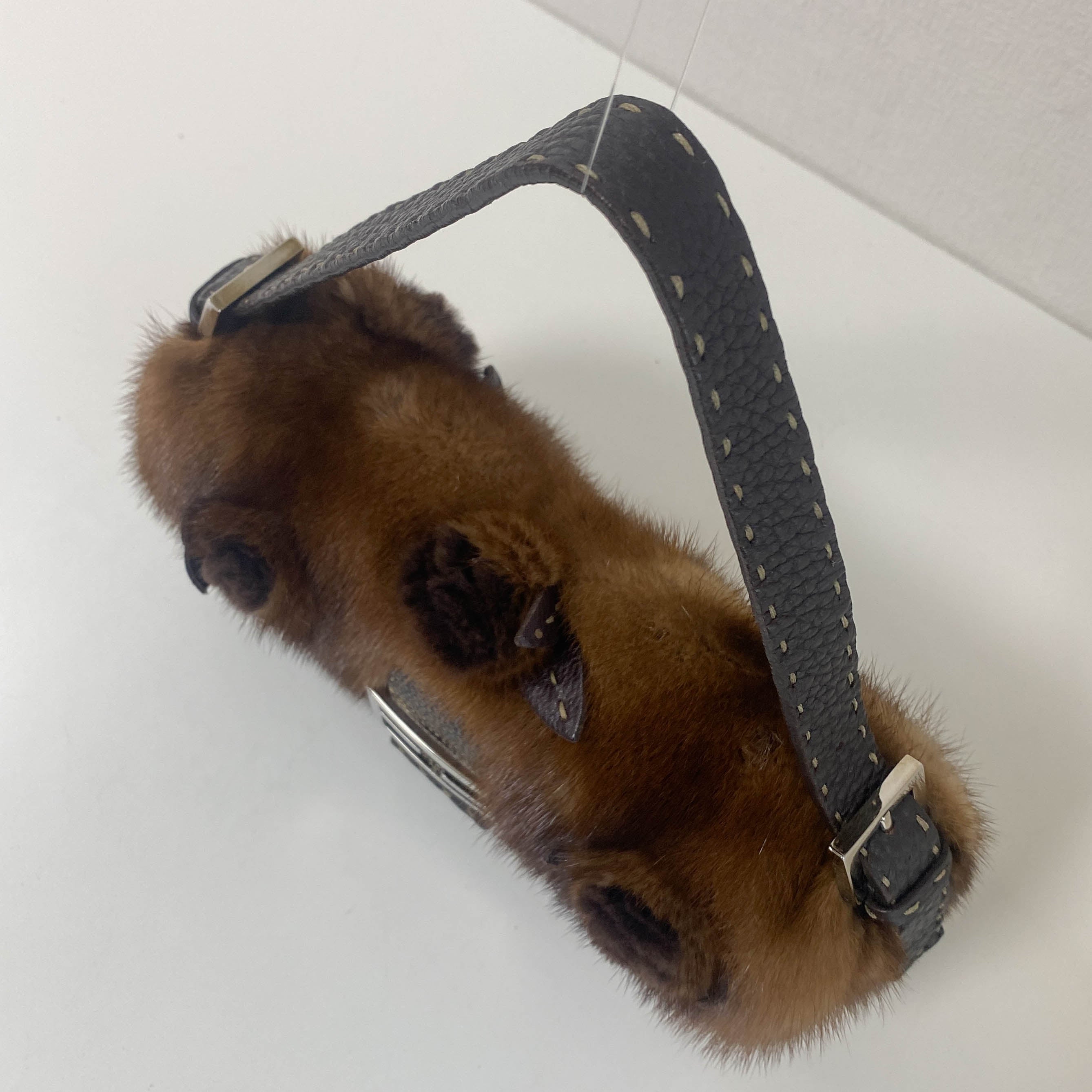 Baguette Brown Fur with Flower Selleria Shoulder Bag