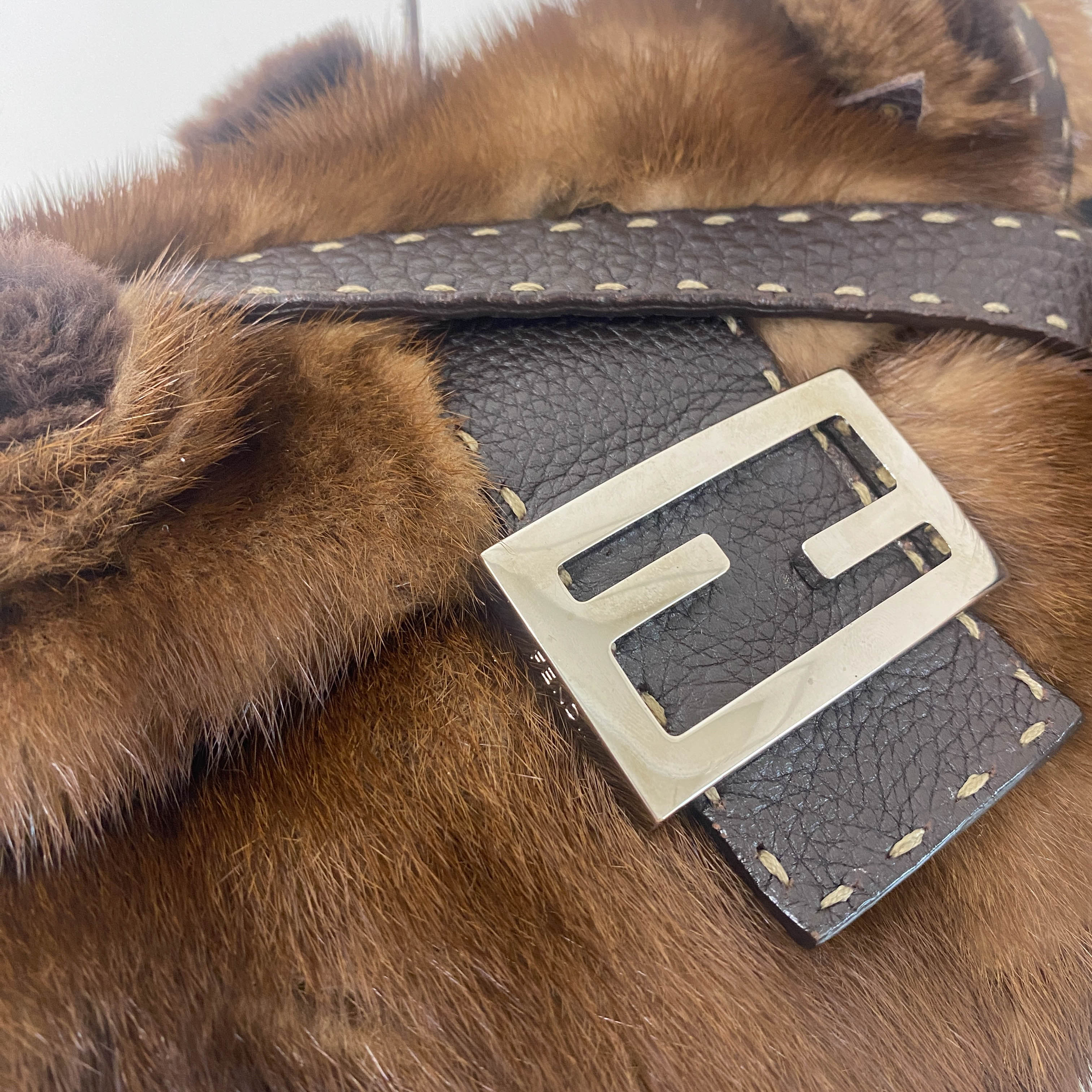 Baguette Brown Fur with Flower Selleria Shoulder Bag