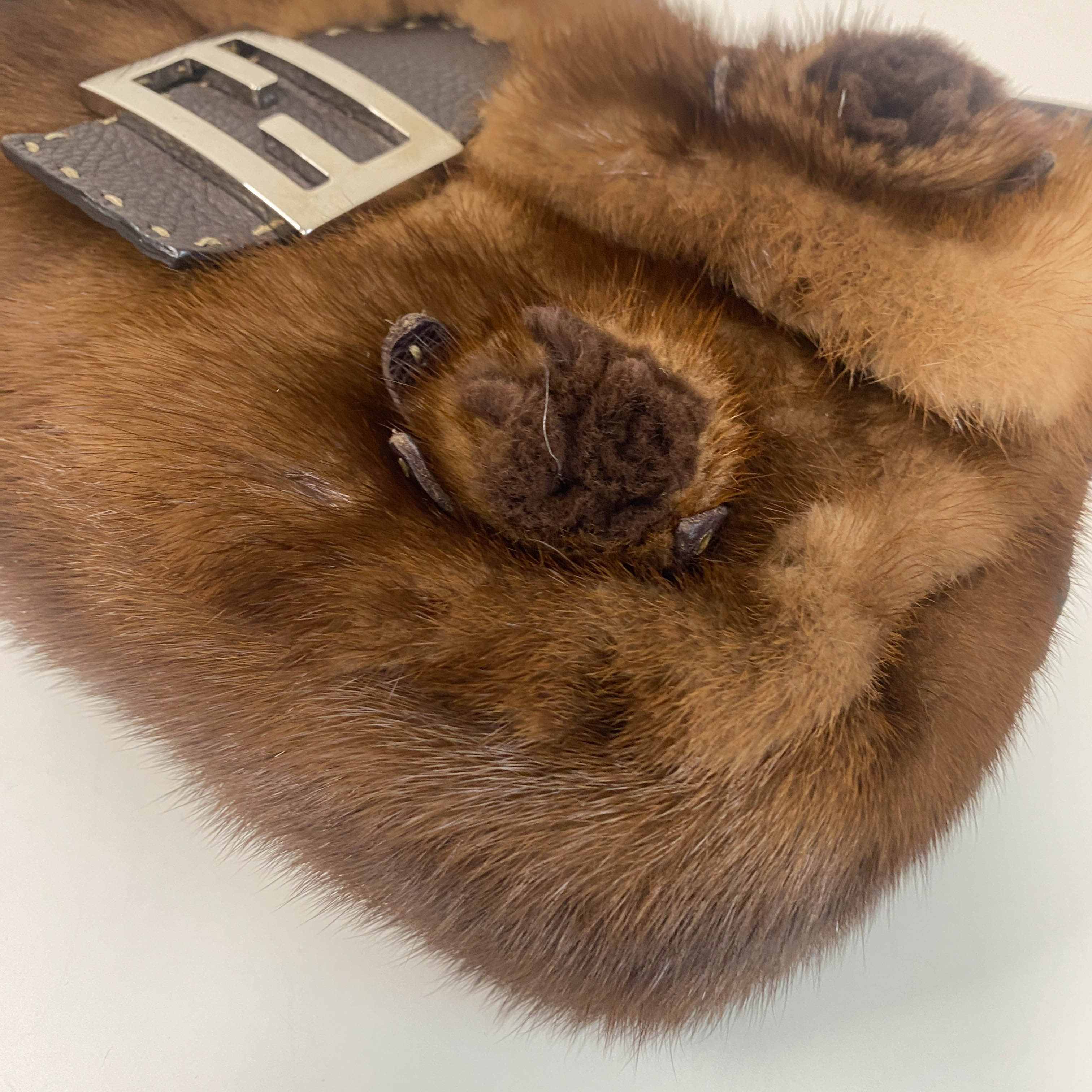 Baguette Brown Fur with Flower Selleria Shoulder Bag