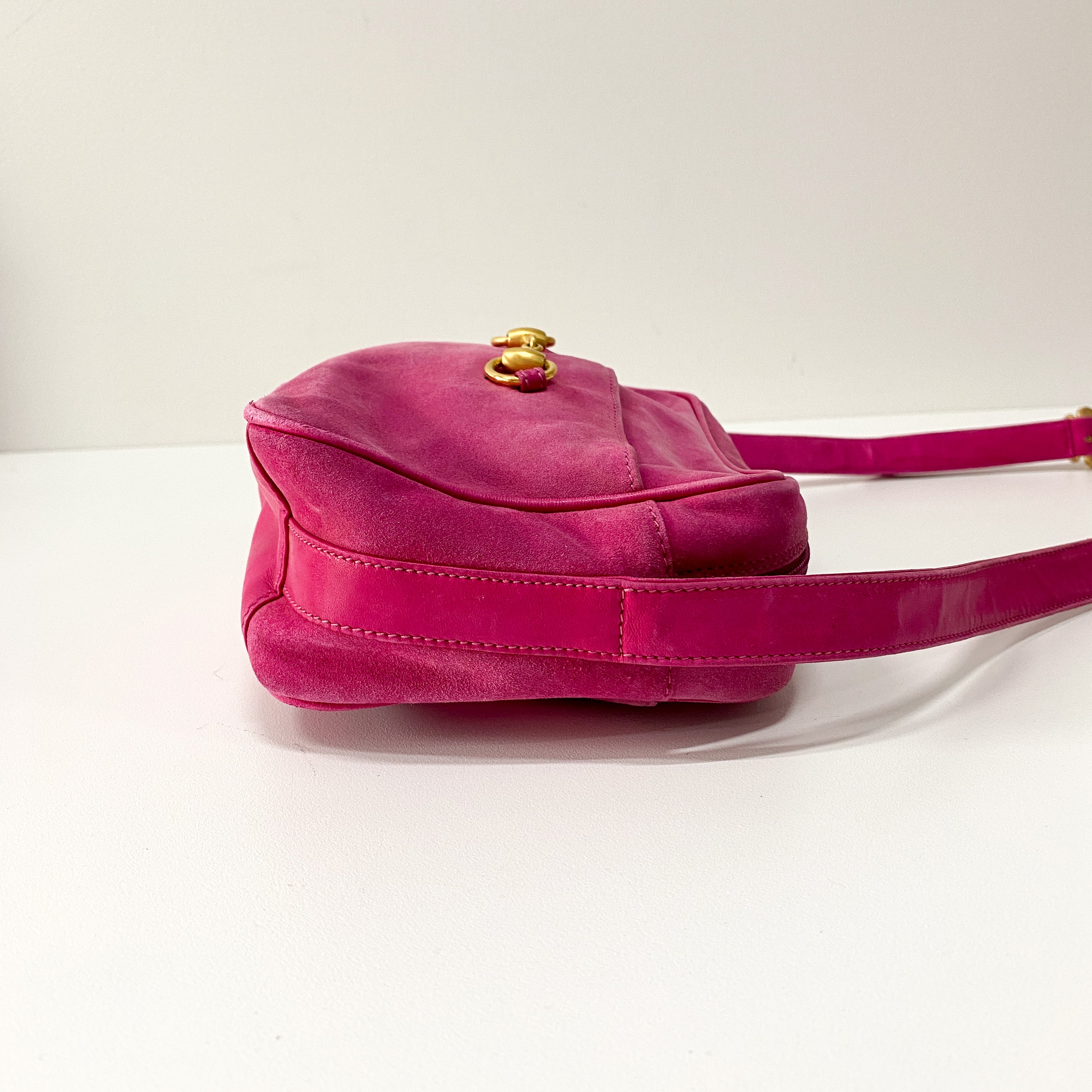 Horsebit Pink Suede Shoulder Bag