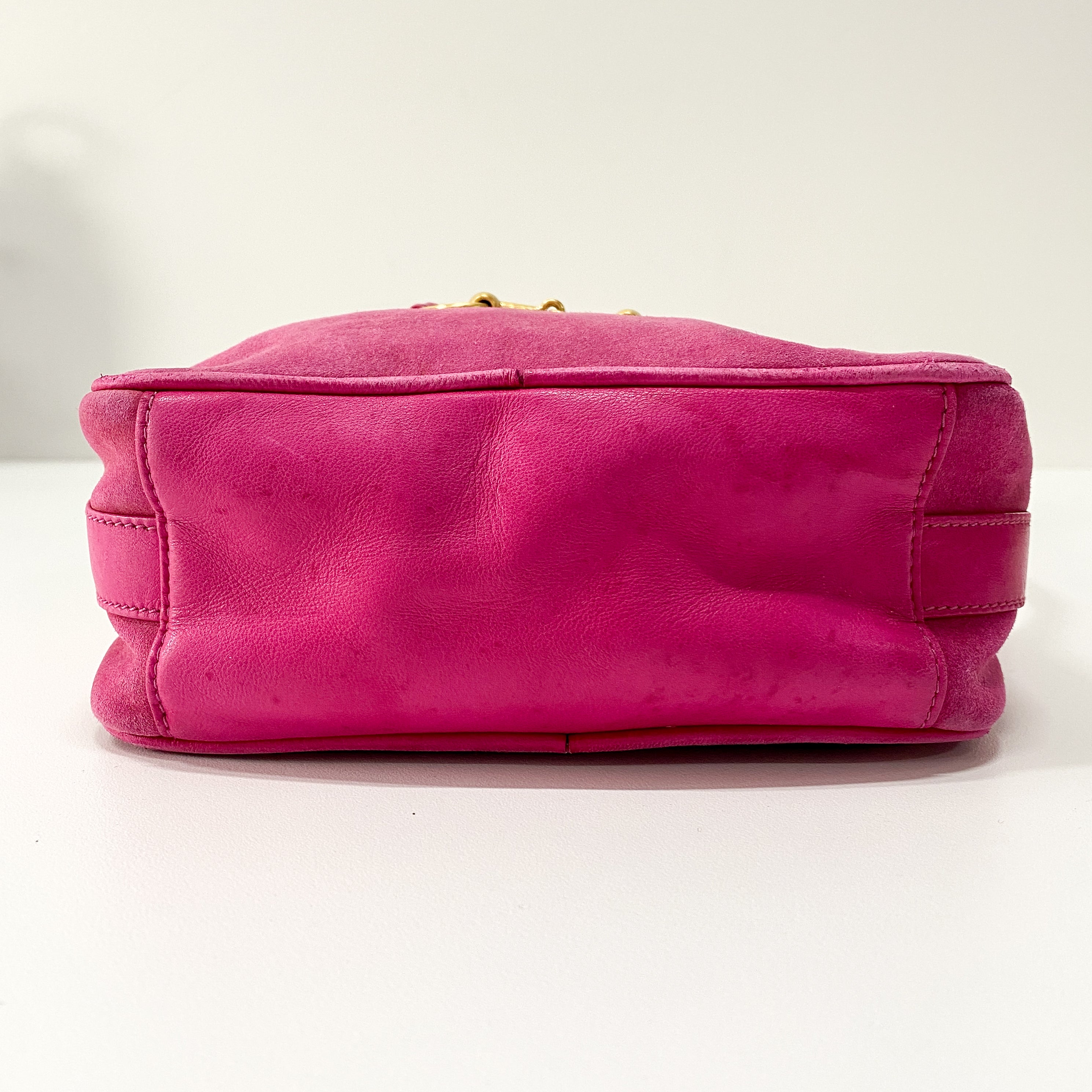 Horsebit Pink Suede Shoulder Bag