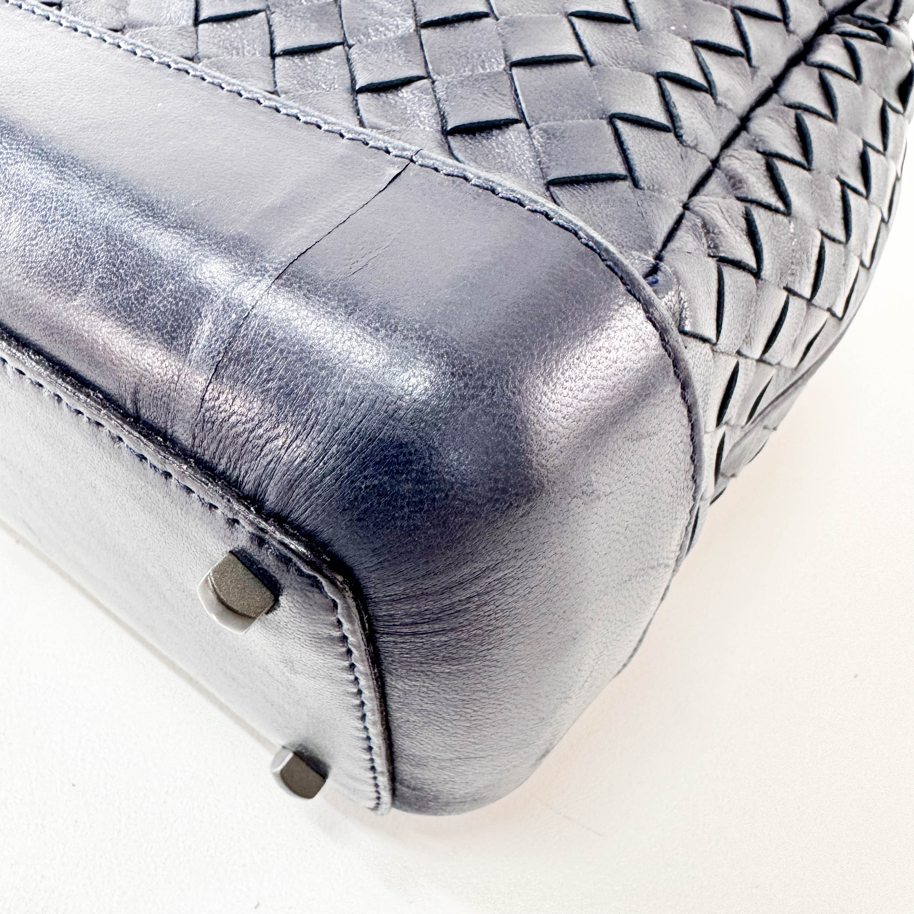 Intrecciato Navy Top Handle Bag