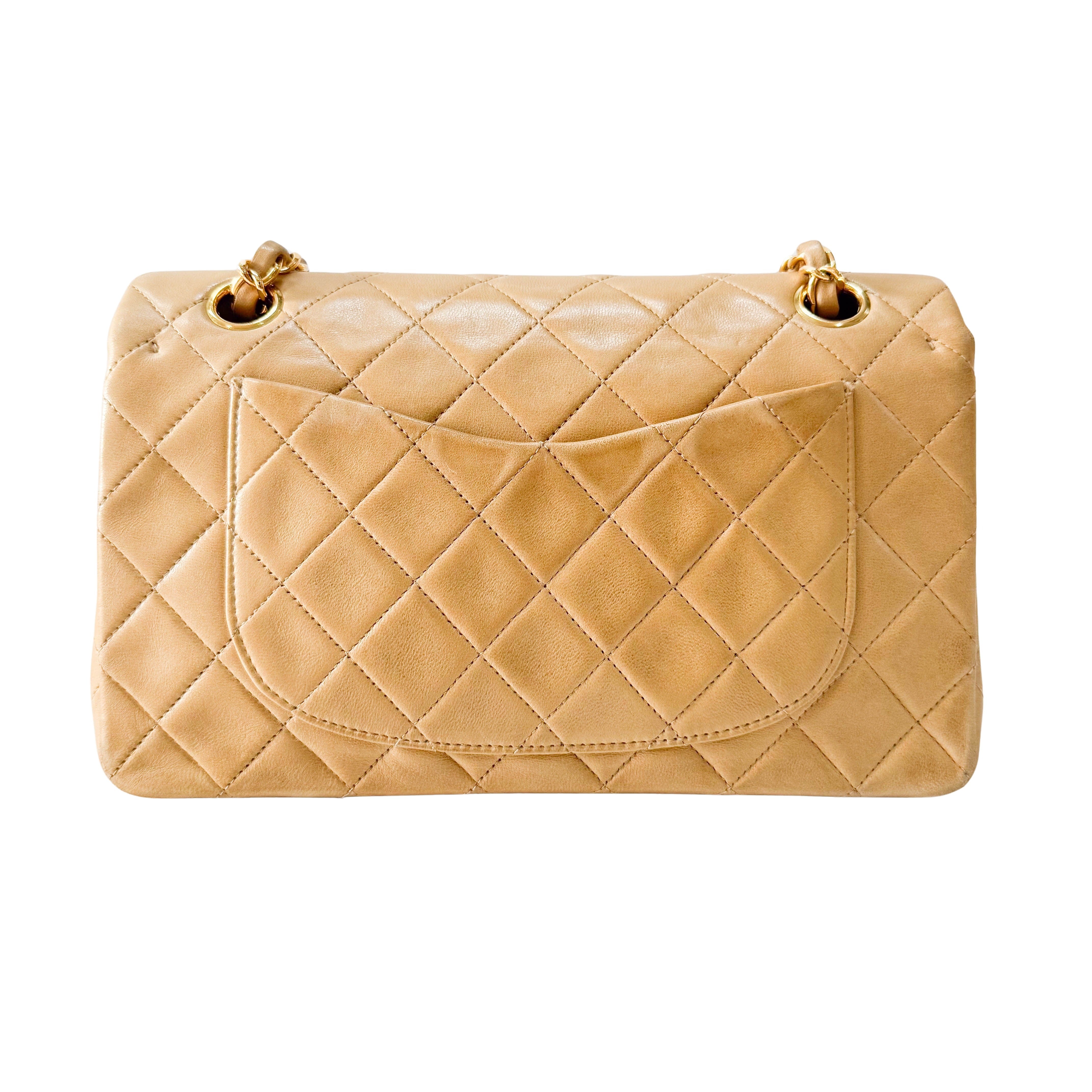 Timeless Classic Double Flap Beige Lamskin Chain Shoulder Bag 23