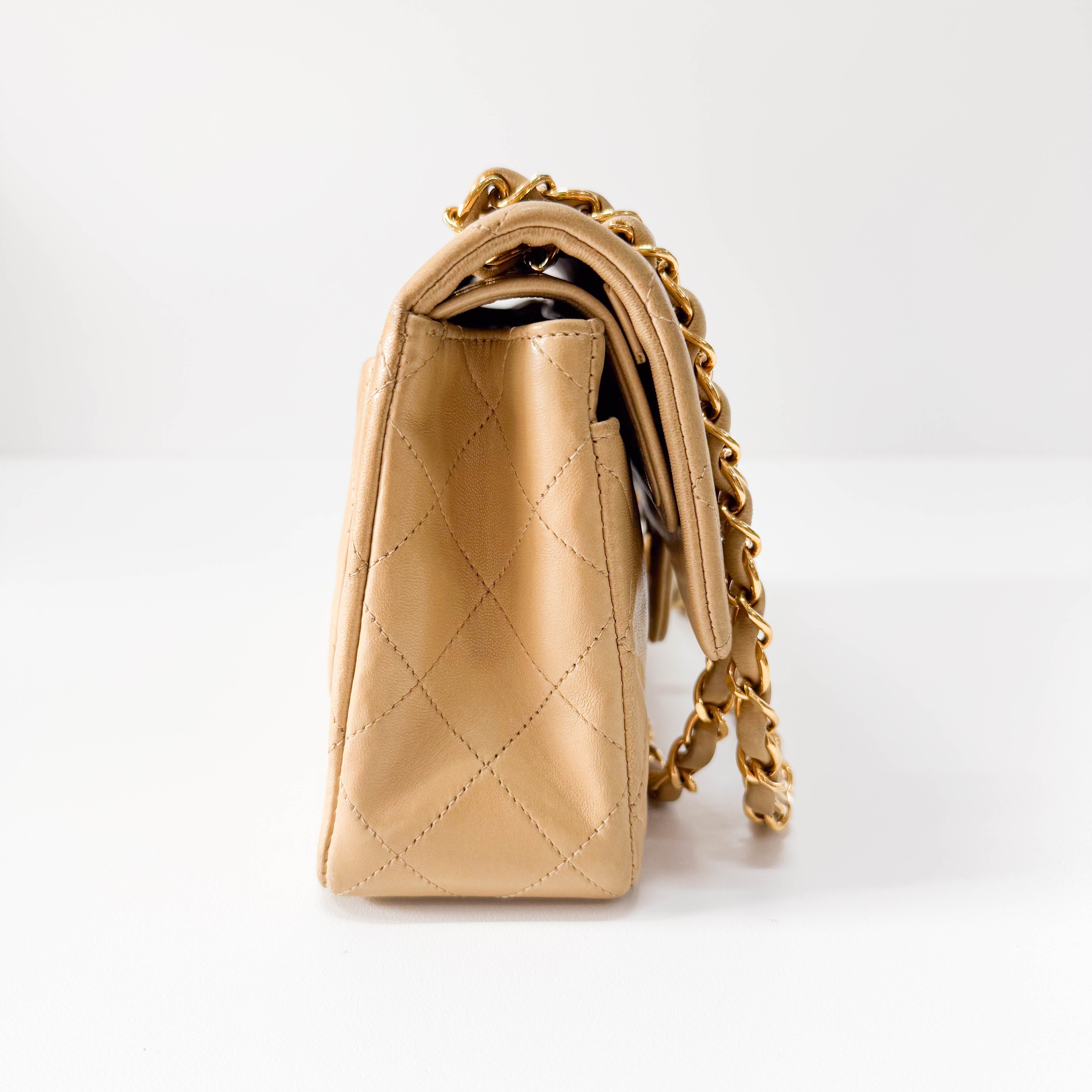 Timeless Classic Double Flap Beige Lamskin Chain Shoulder Bag 23