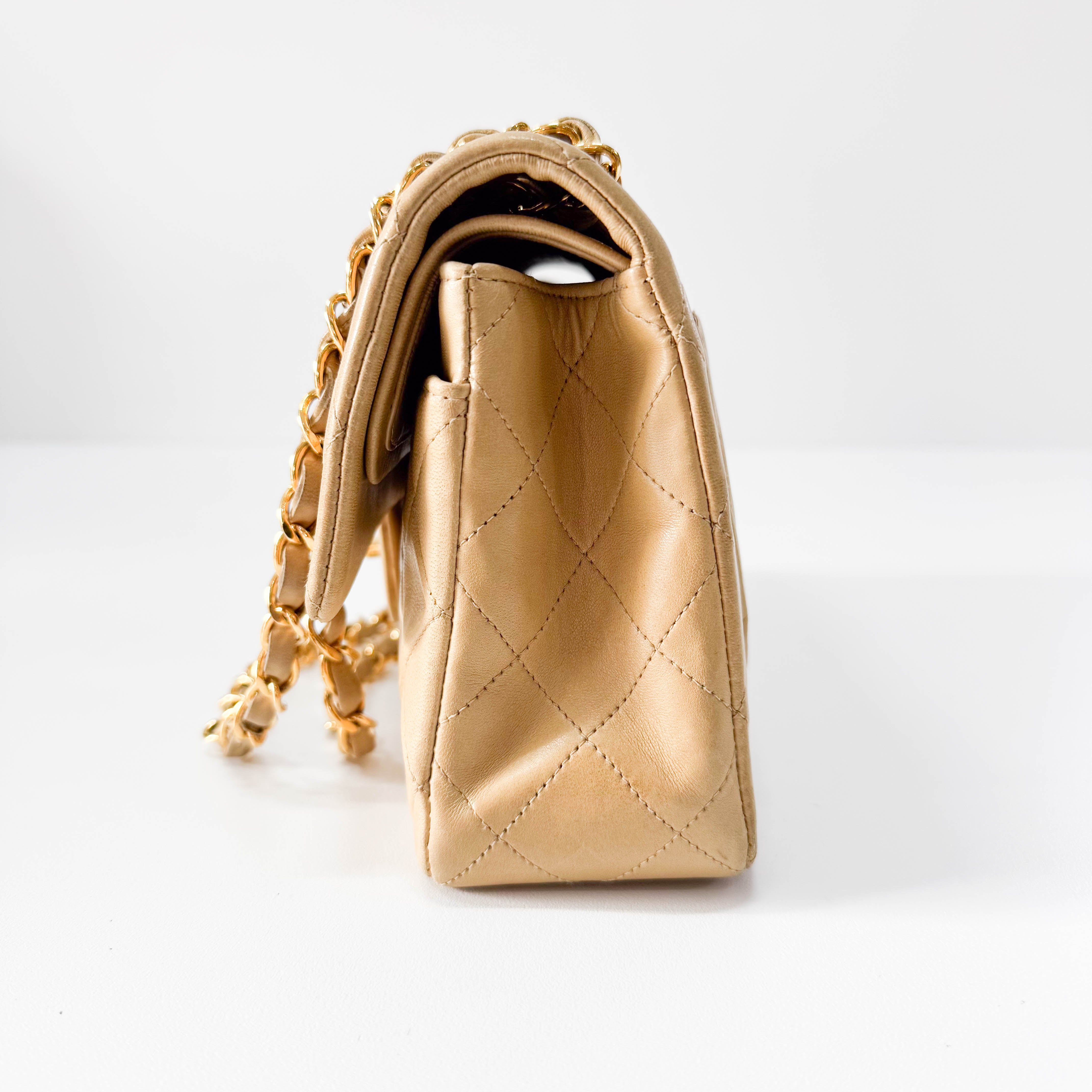 Timeless Classic Double Flap Beige Lamskin Chain Shoulder Bag 23