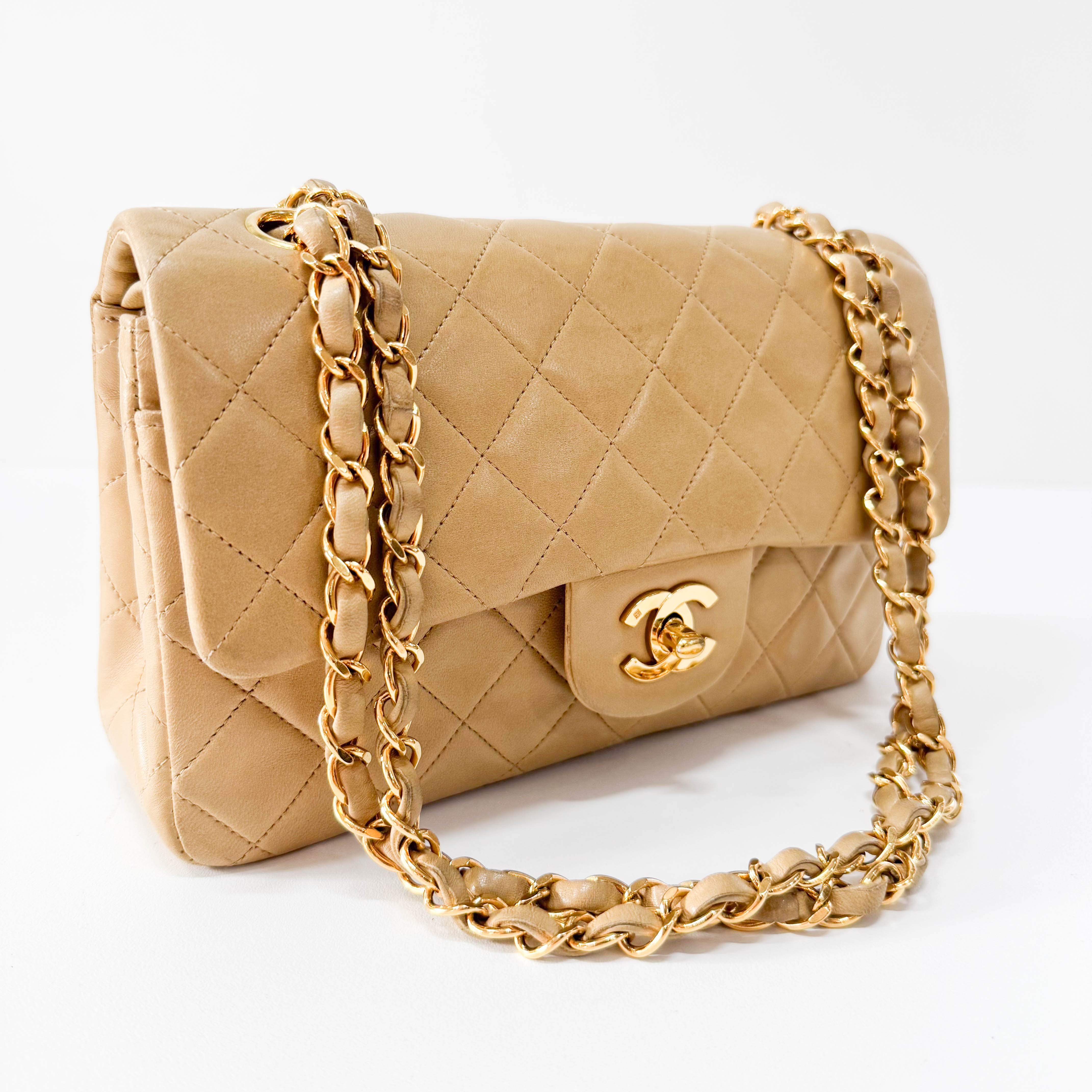 Timeless Classic Double Flap Beige Lamskin Chain Shoulder Bag 23