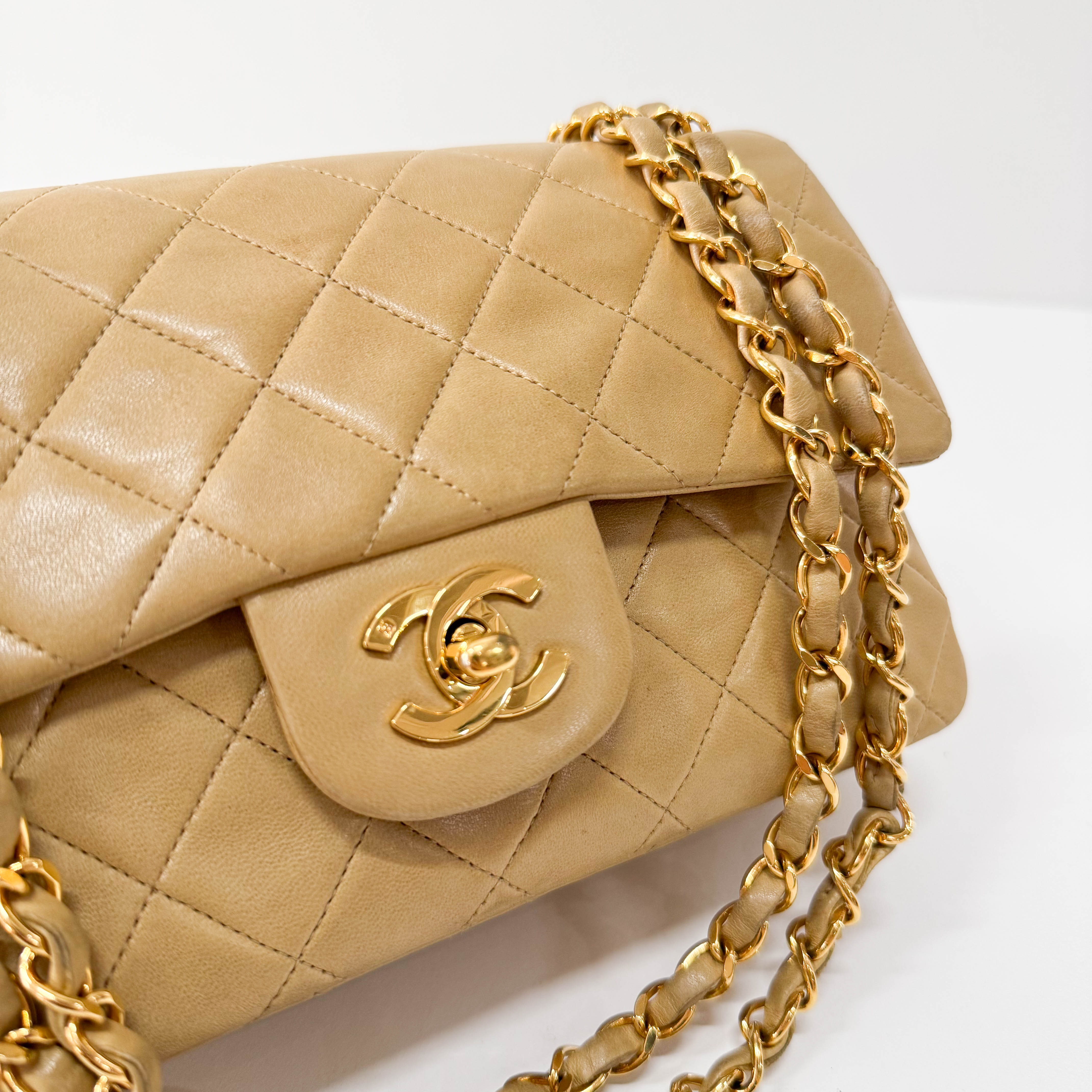 Timeless Classic Double Flap Beige Lamskin Chain Shoulder Bag 23