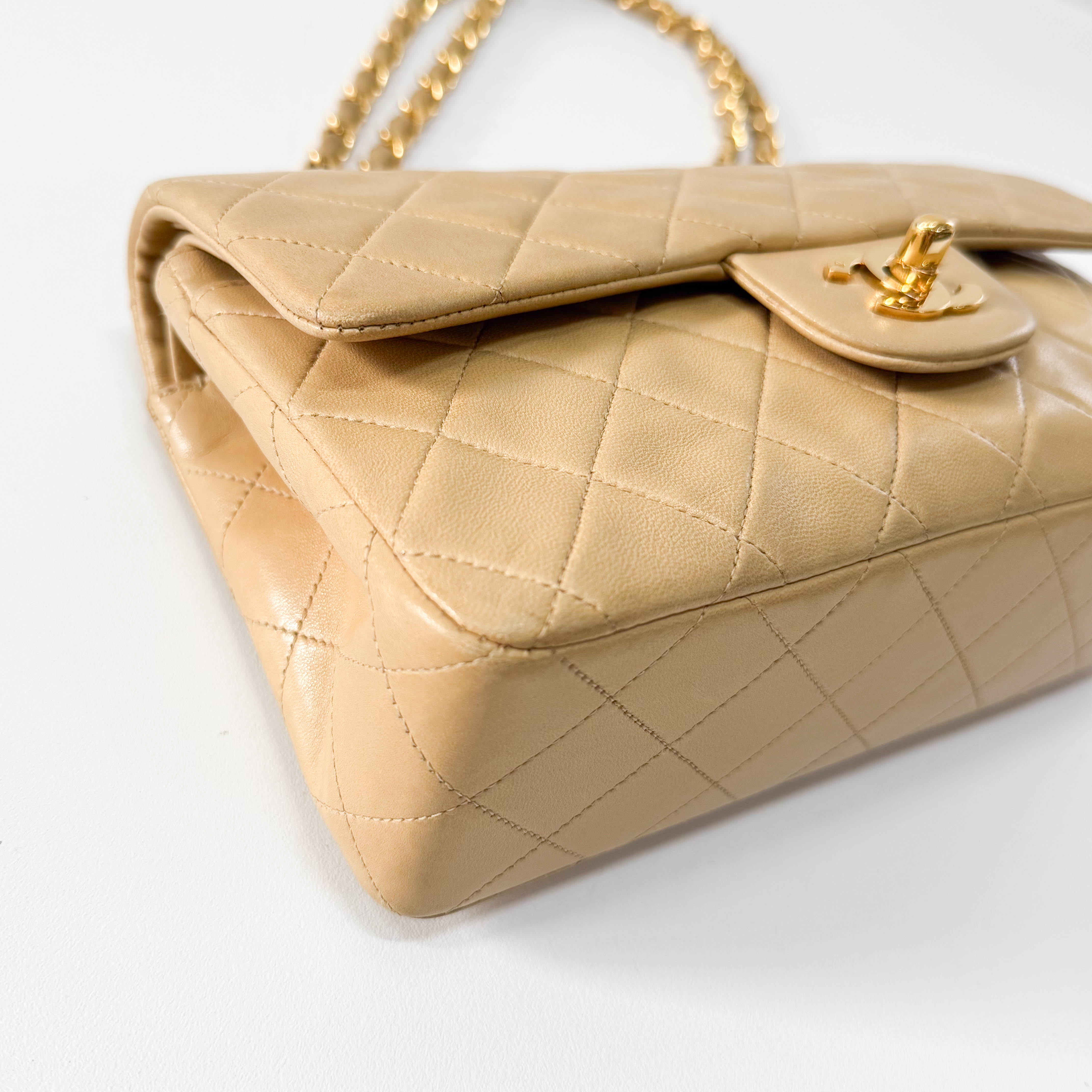 Timeless Classic Double Flap Beige Lamskin Chain Shoulder Bag 23