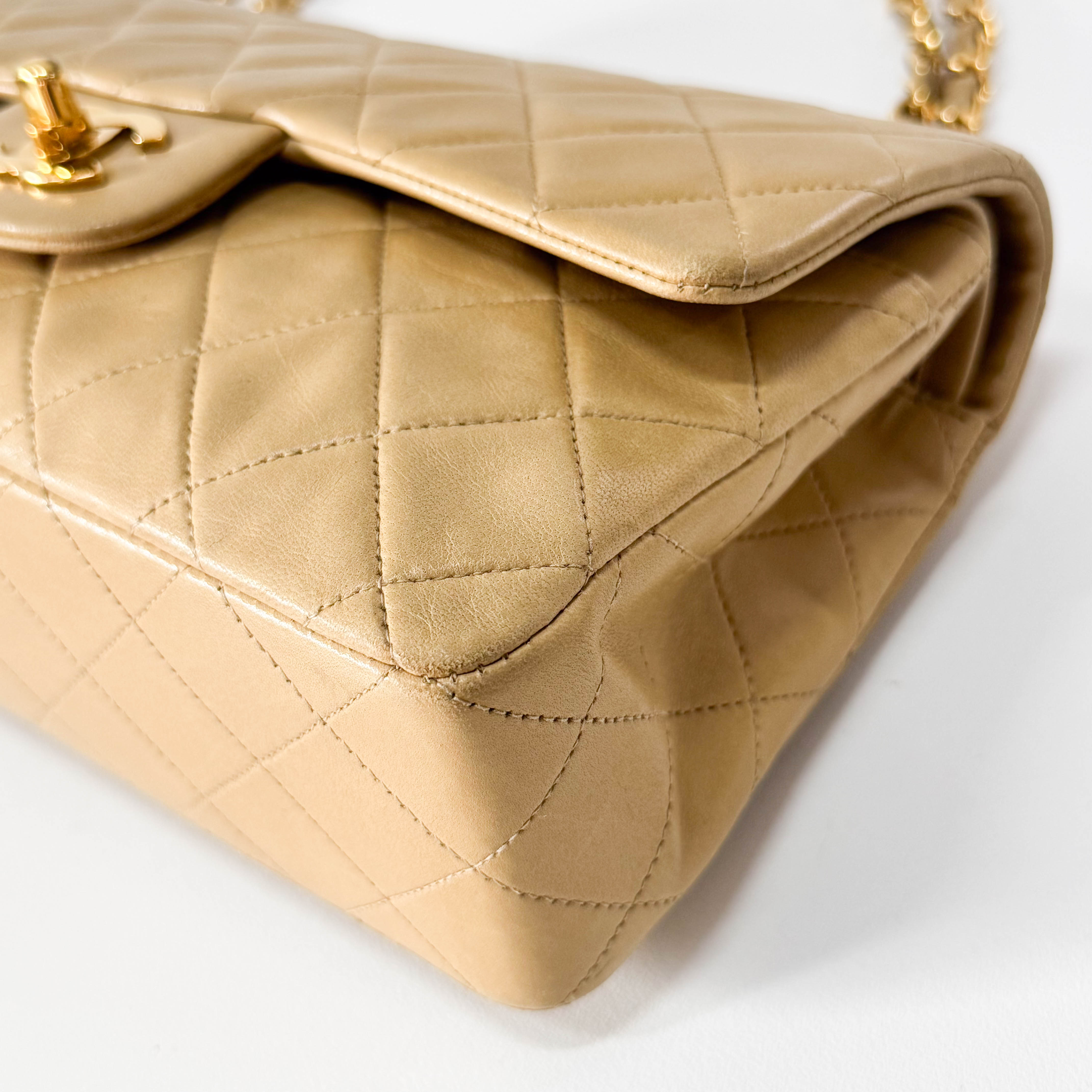 Timeless Classic Double Flap Beige Lamskin Chain Shoulder Bag 23