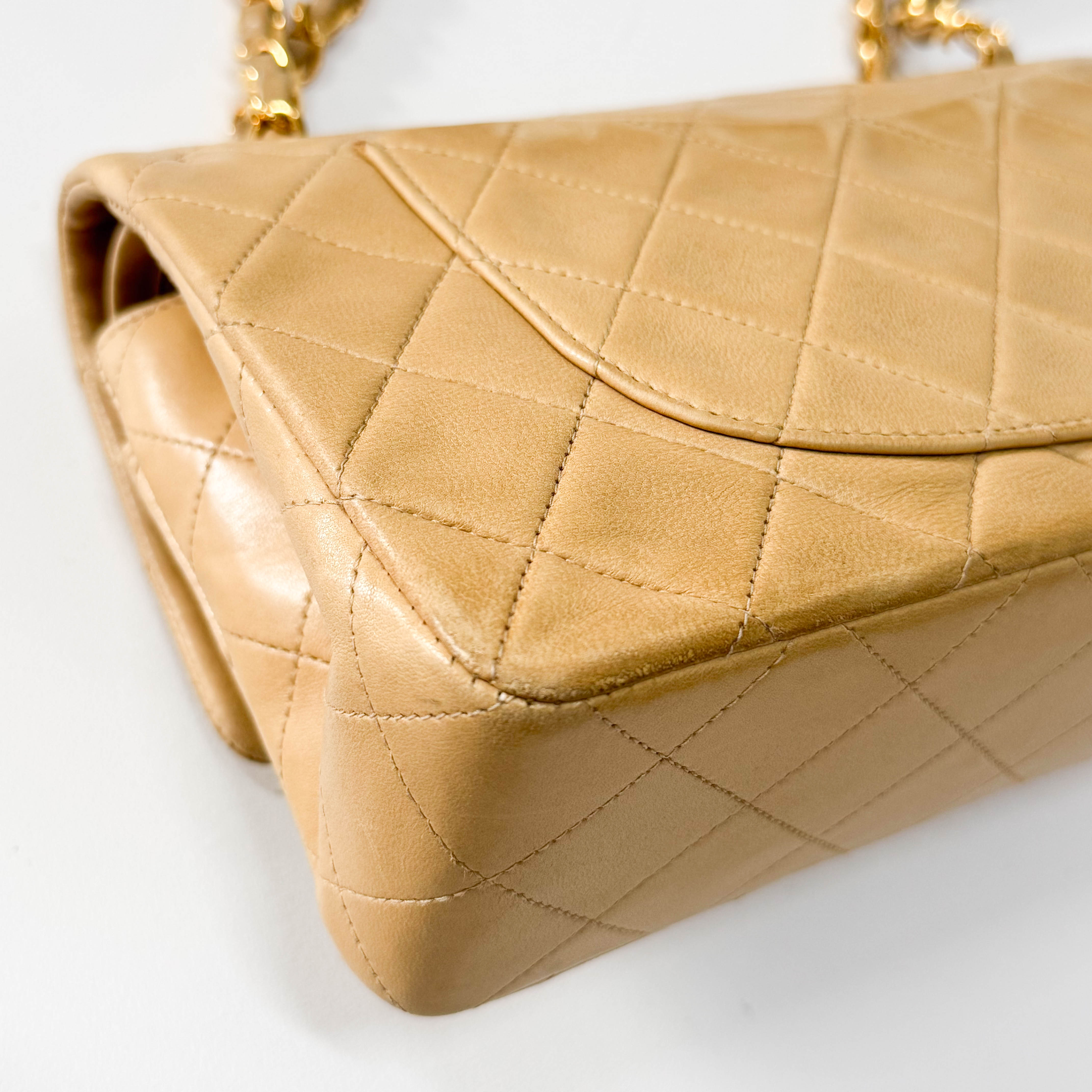 Timeless Classic Double Flap Beige Lamskin Chain Shoulder Bag 23