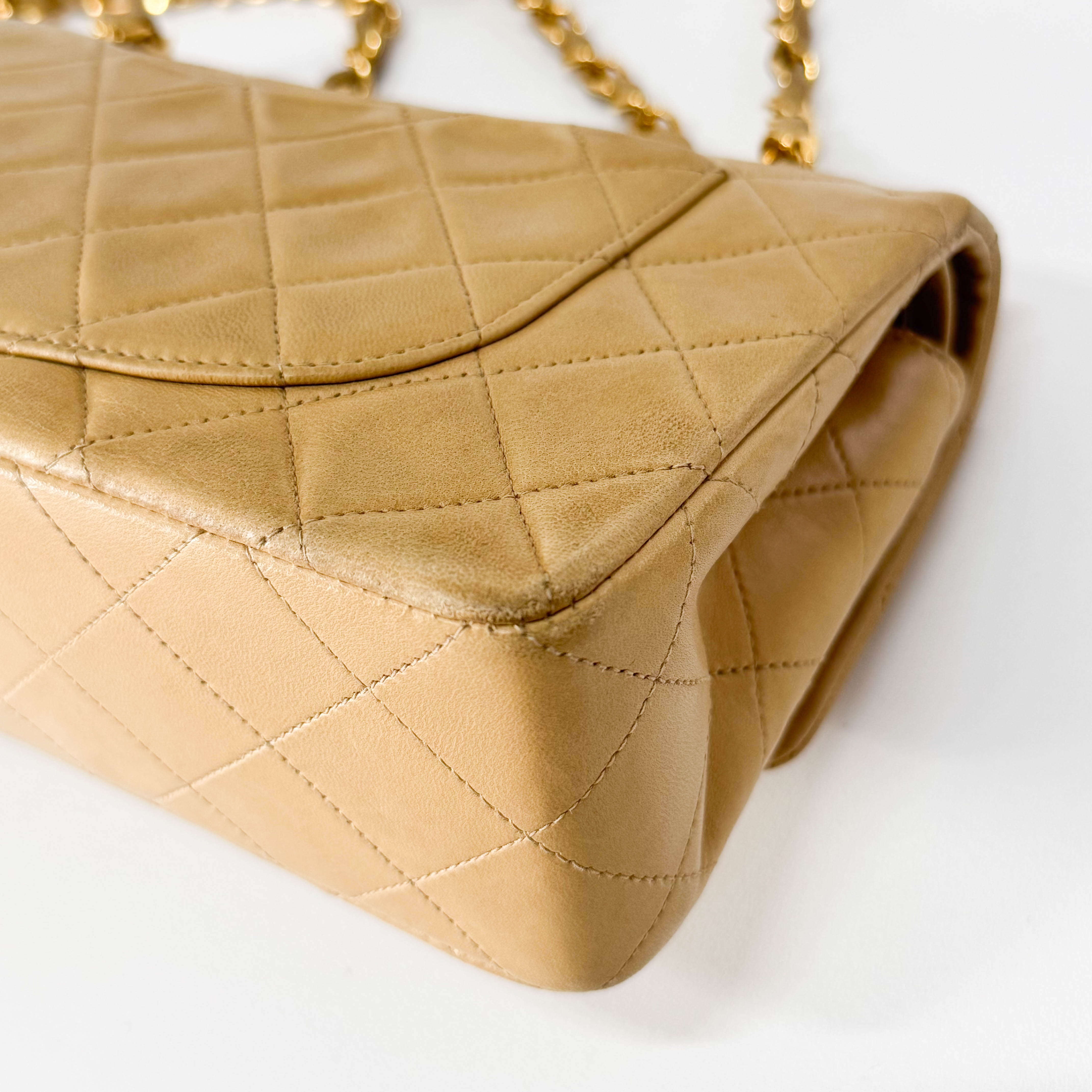 Timeless Classic Double Flap Beige Lamskin Chain Shoulder Bag 23