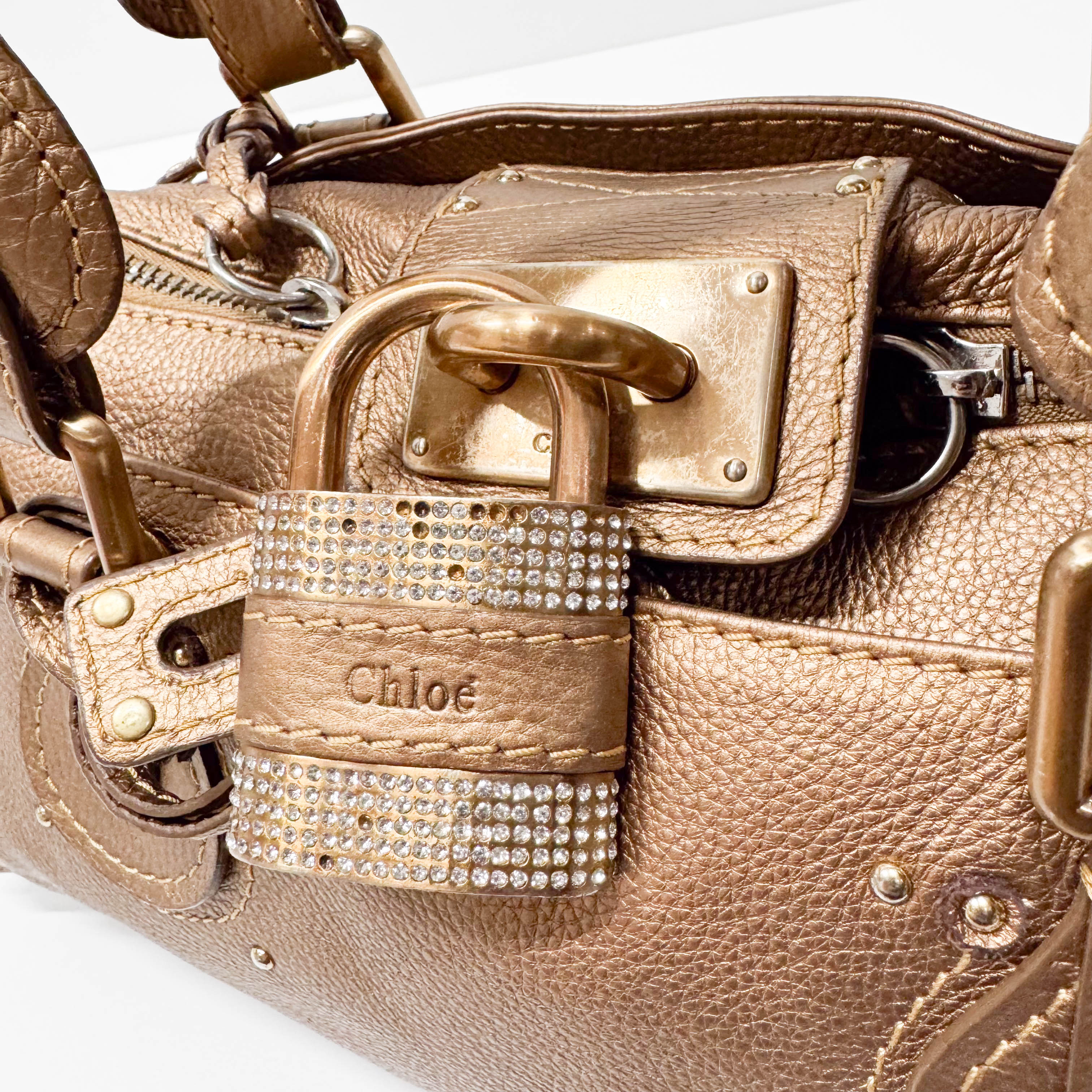 Paddington Bronze Calfskin Rhinestone Accessories Leather Shoulder Bag