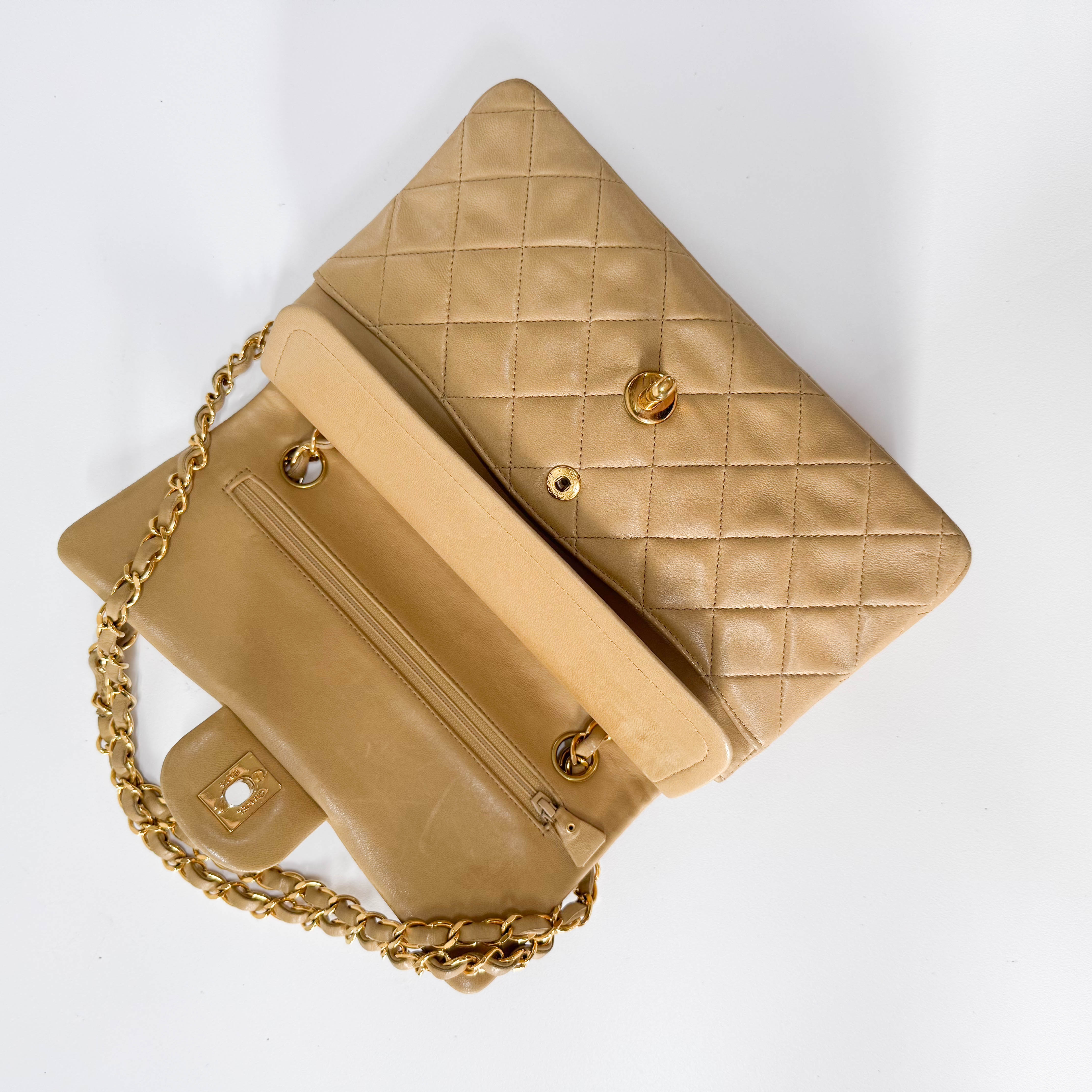 Timeless Classic Double Flap Beige Lamskin Chain Shoulder Bag 23