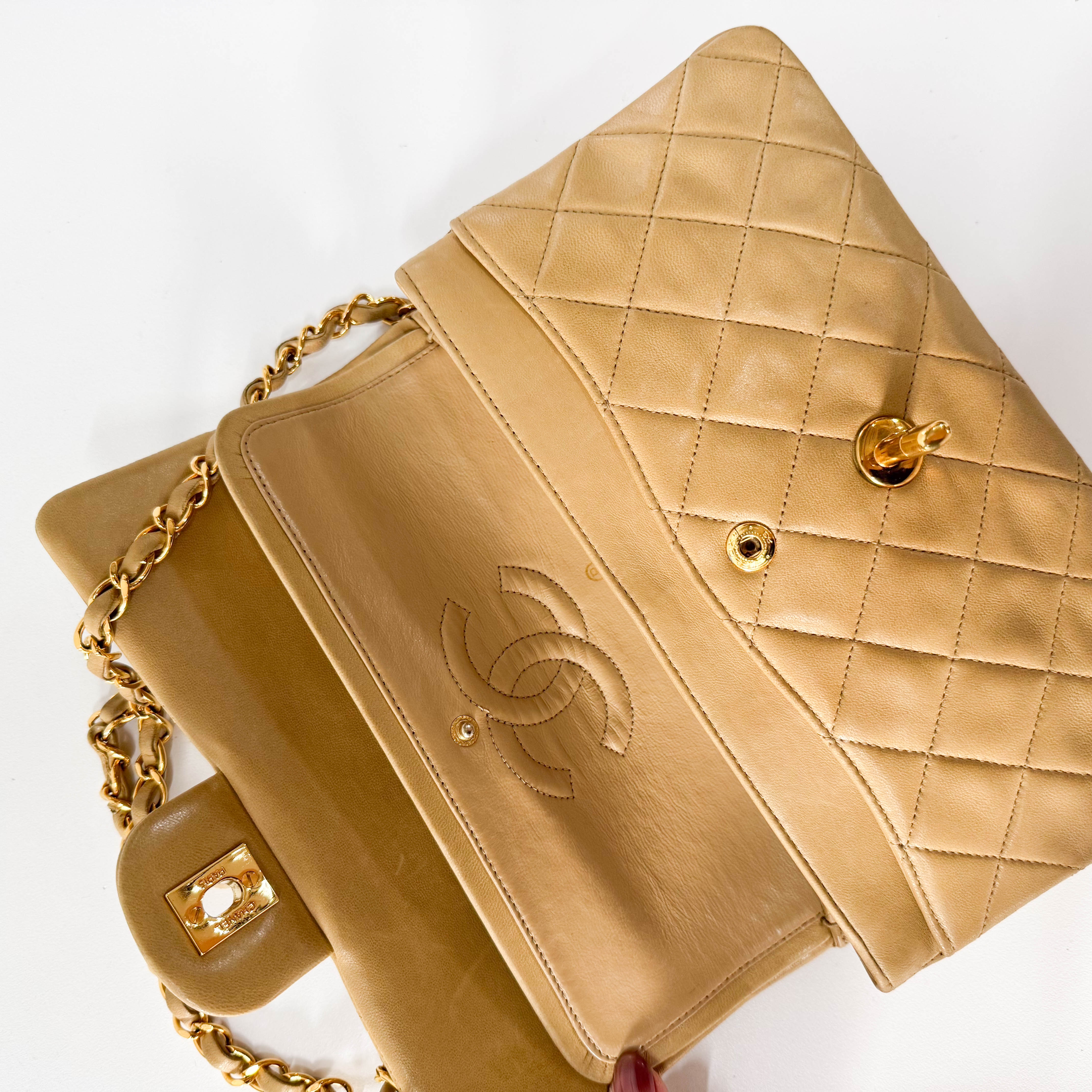 Timeless Classic Double Flap Beige Lamskin Chain Shoulder Bag 23