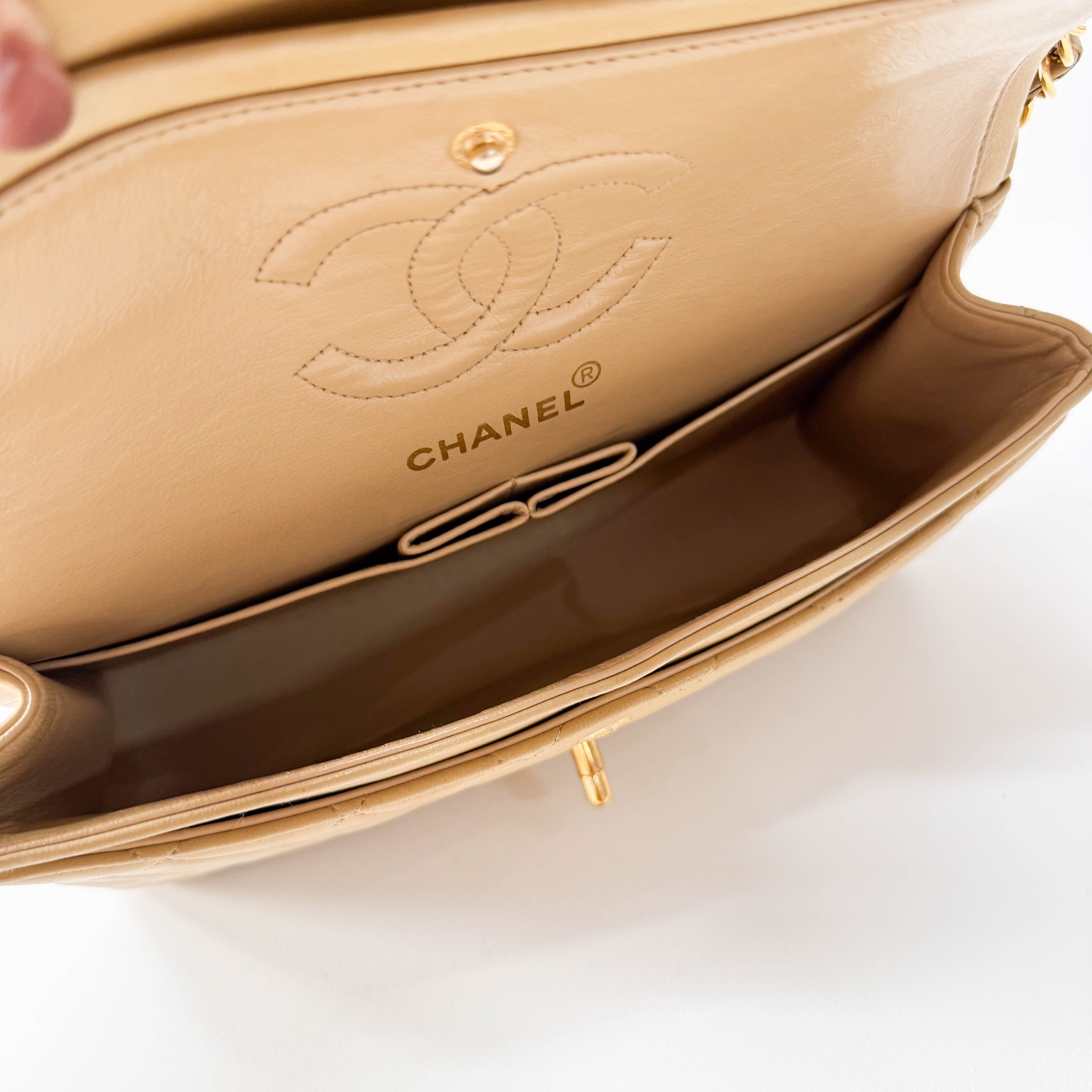 Timeless Classic Double Flap Beige Lamskin Chain Shoulder Bag 23