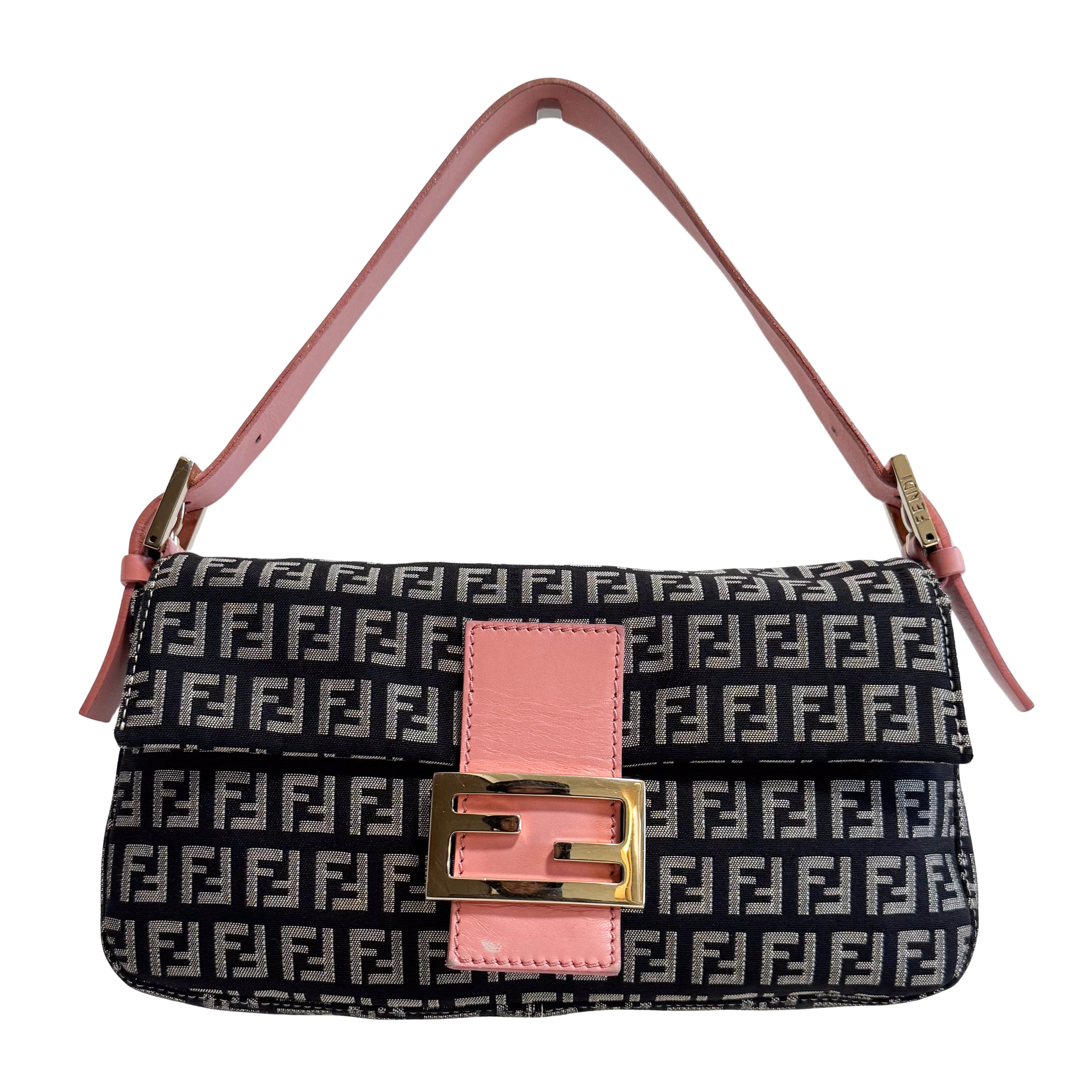 Baguette Zucchino Black Canvas Pink Leather Shoulder Bag with Gold Hardware