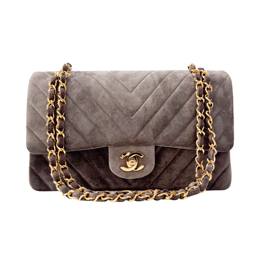 Timeless Classic Double Flap Chevron Grey Suede Chain Shoulder Bag