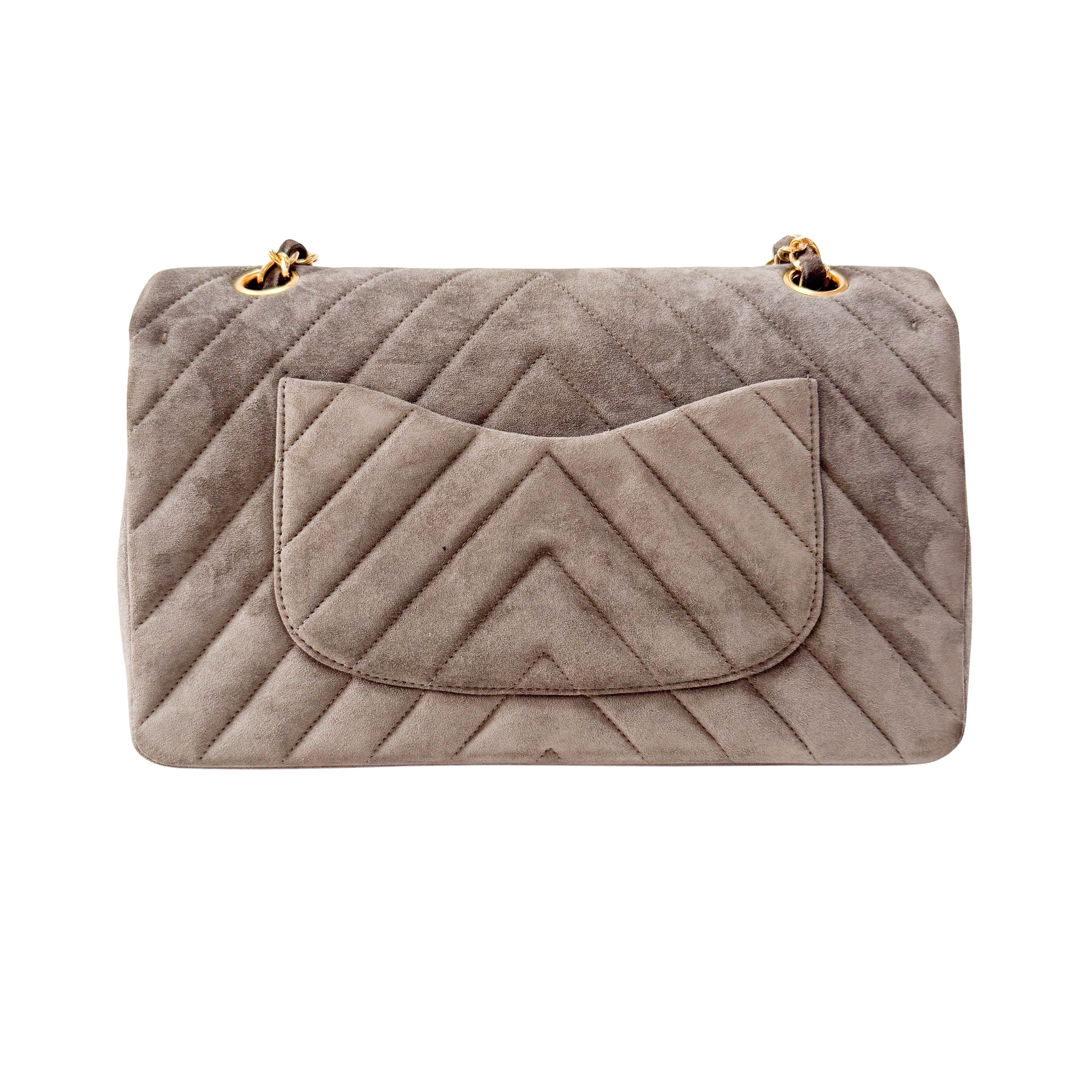 Timeless Classic Double Flap Chevron Grey Suede Chain Shoulder Bag