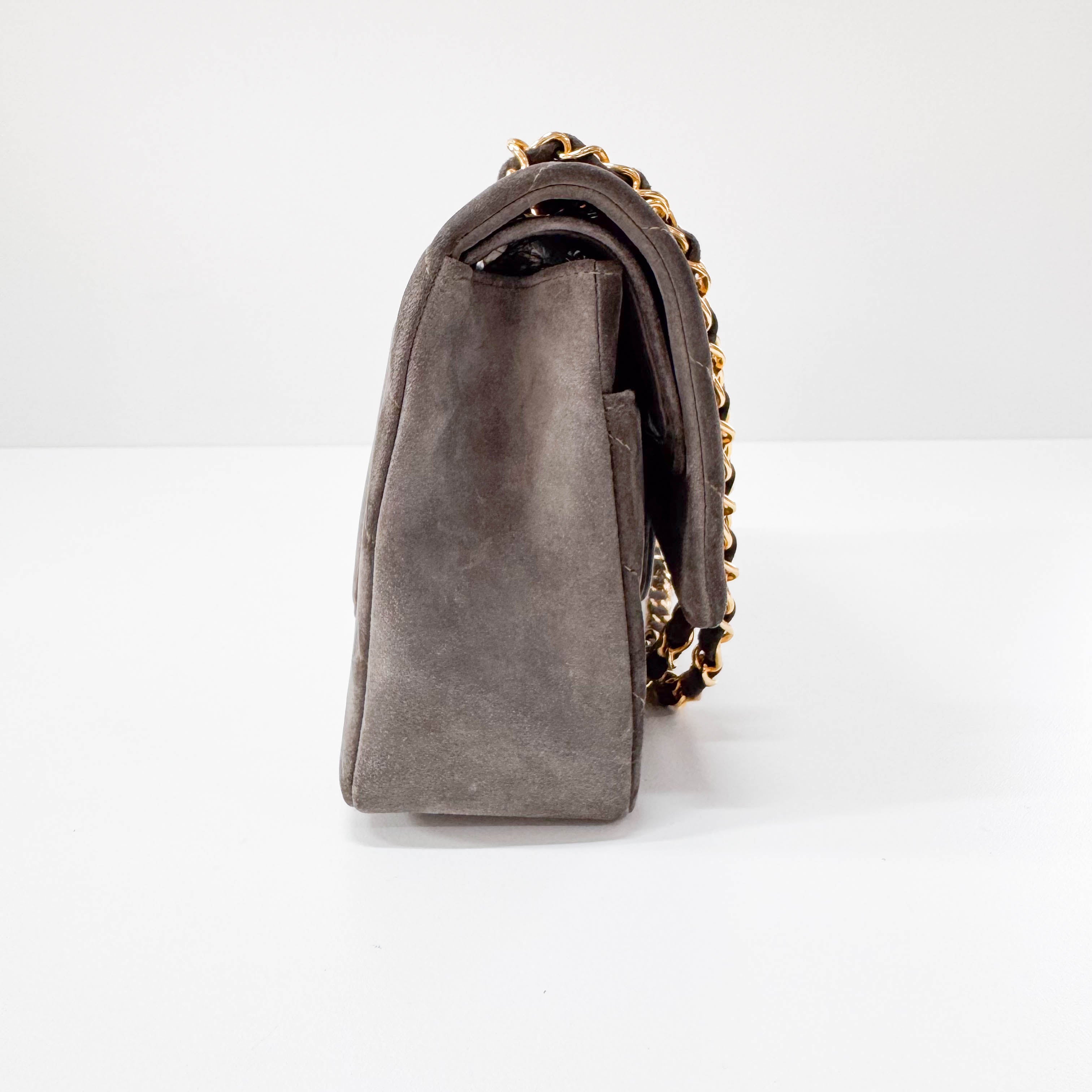 Timeless Classic Double Flap Chevron Grey Suede Chain Shoulder Bag