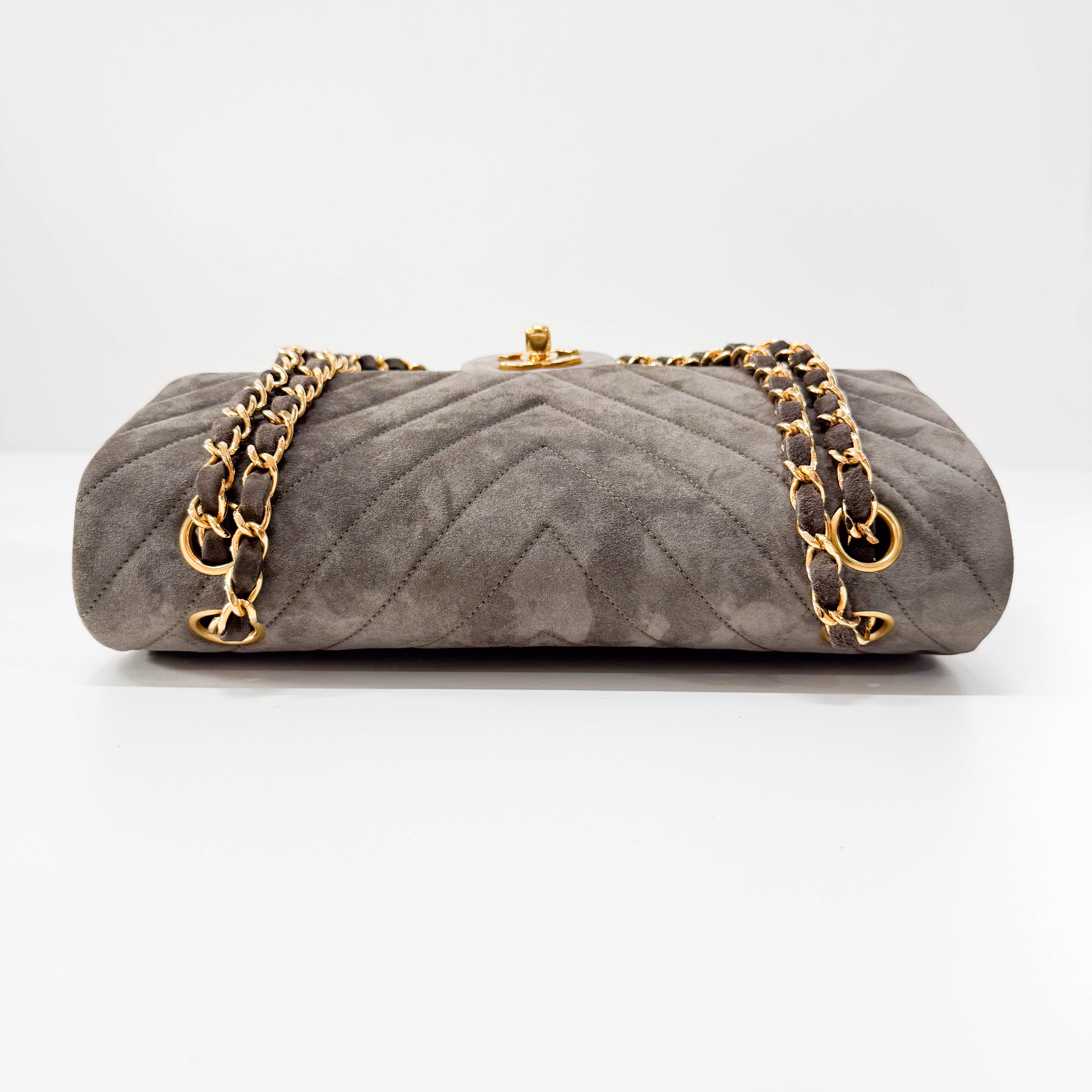 Timeless Classic Double Flap Chevron Grey Suede Chain Shoulder Bag