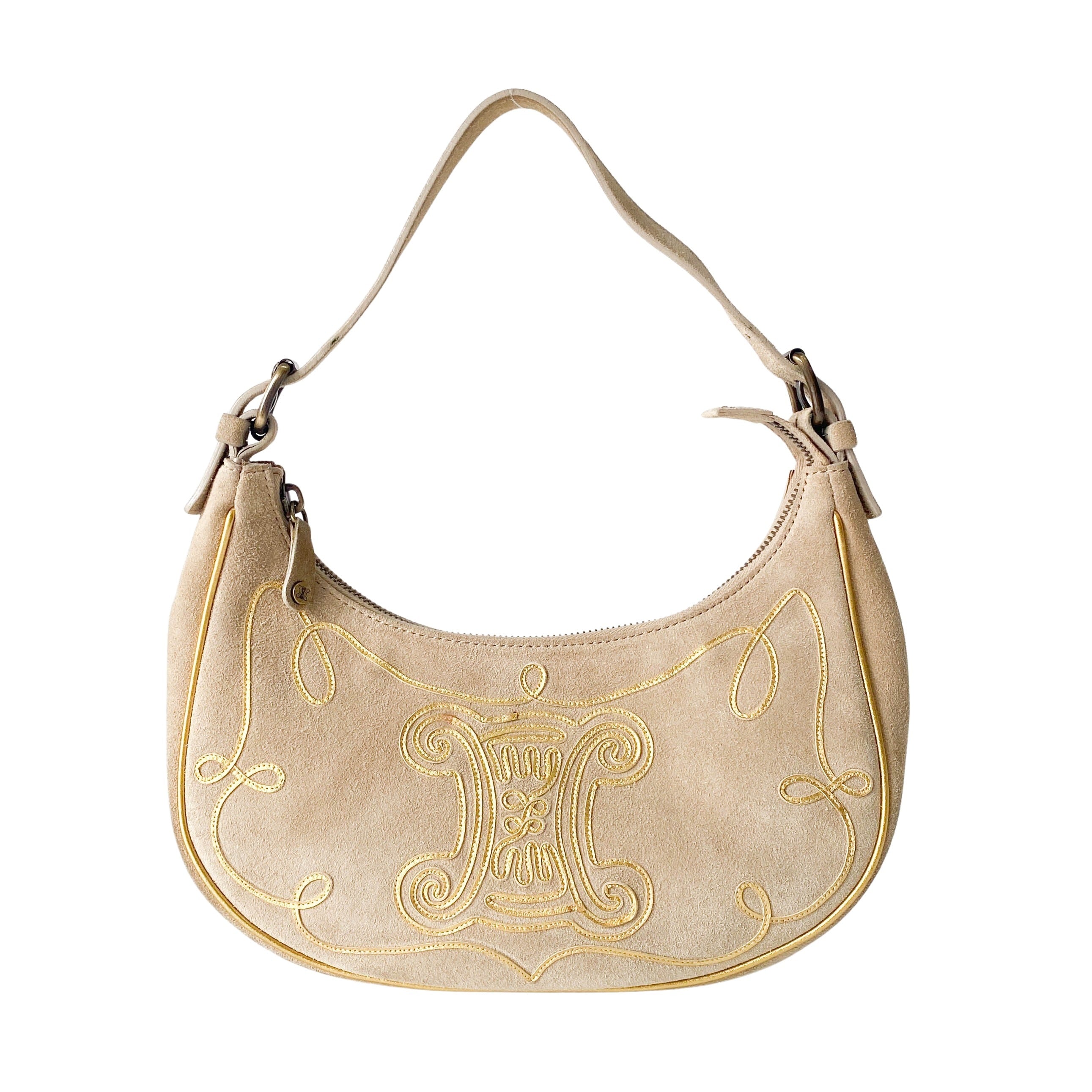 Beige Suede Embroidered Shoulder Bag