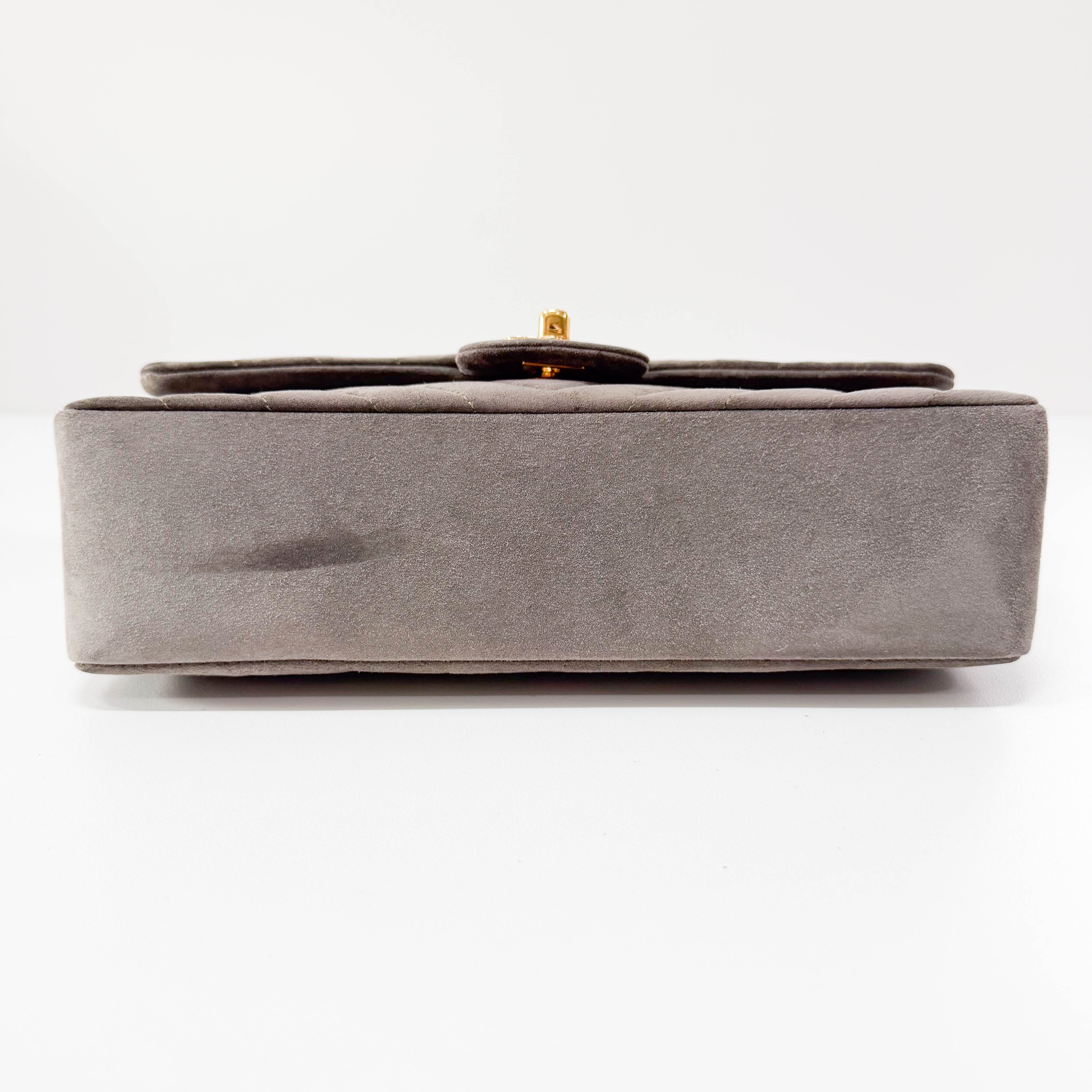 Timeless Classic Double Flap Chevron Grey Suede Chain Shoulder Bag