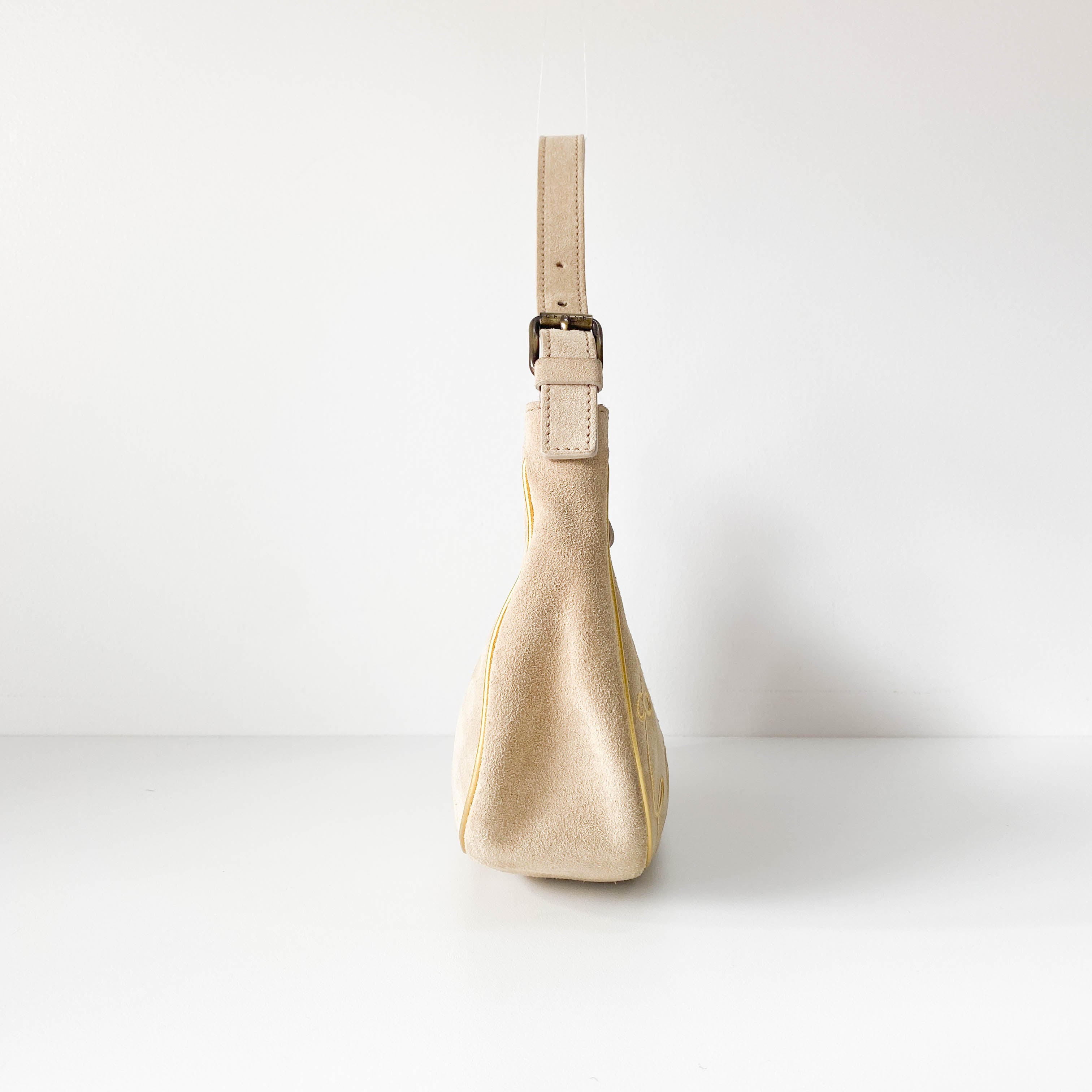 Beige Suede Embroidered Shoulder Bag