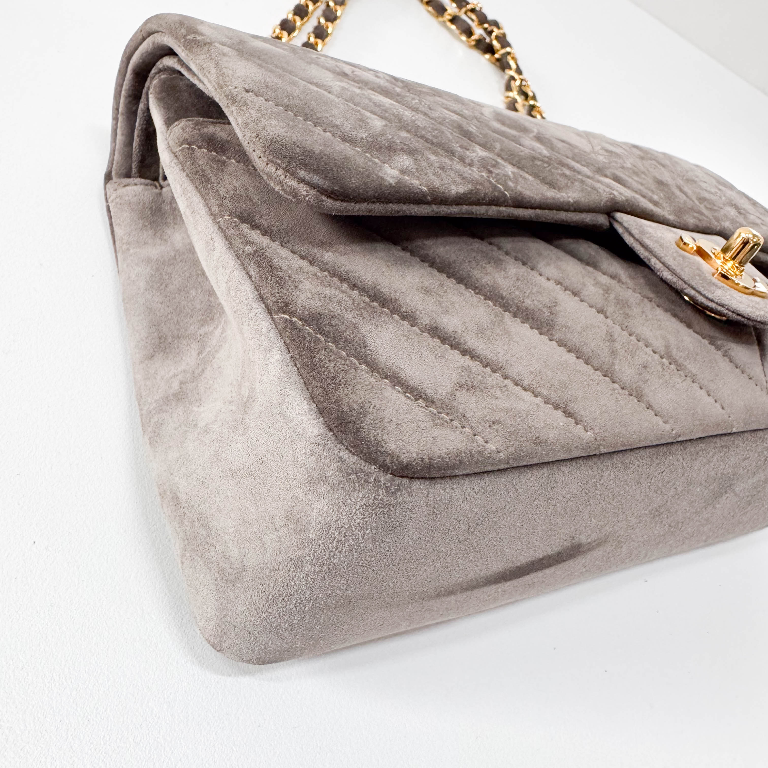 Timeless Classic Double Flap Chevron Grey Suede Chain Shoulder Bag