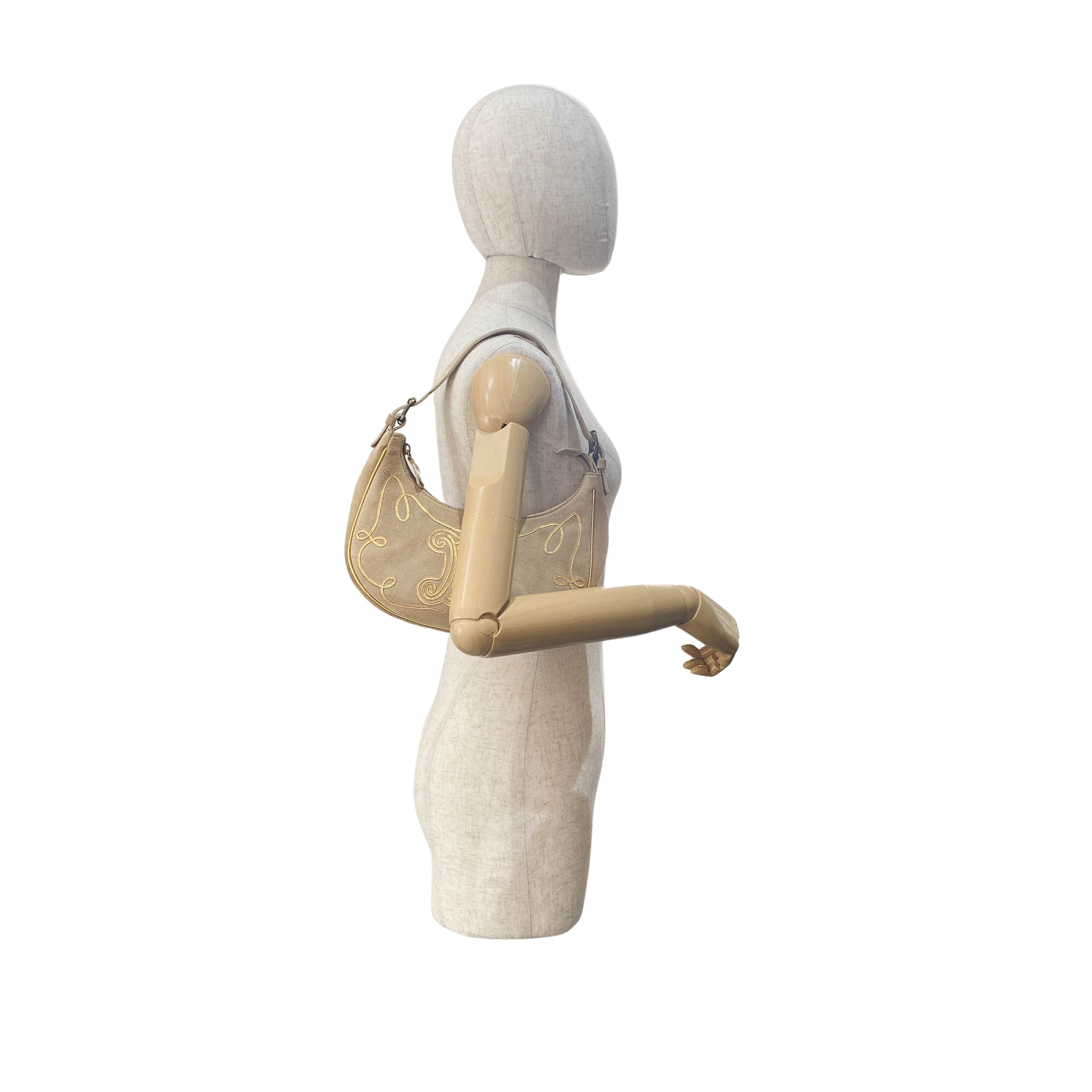 Beige Suede Embroidered Shoulder Bag