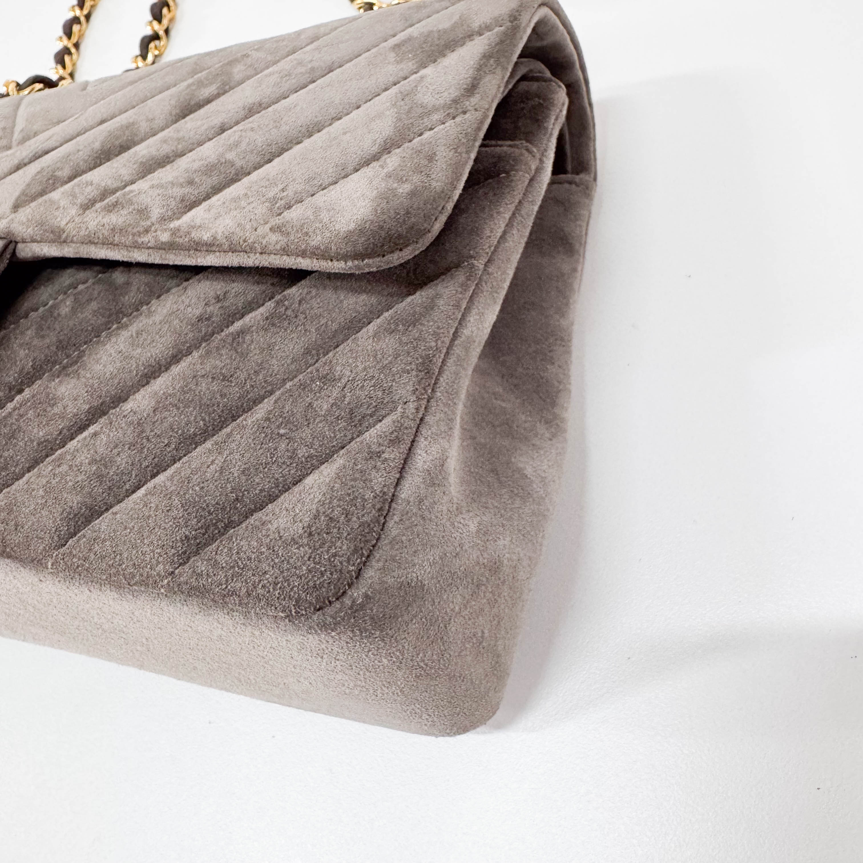 Timeless Classic Double Flap Chevron Grey Suede Chain Shoulder Bag