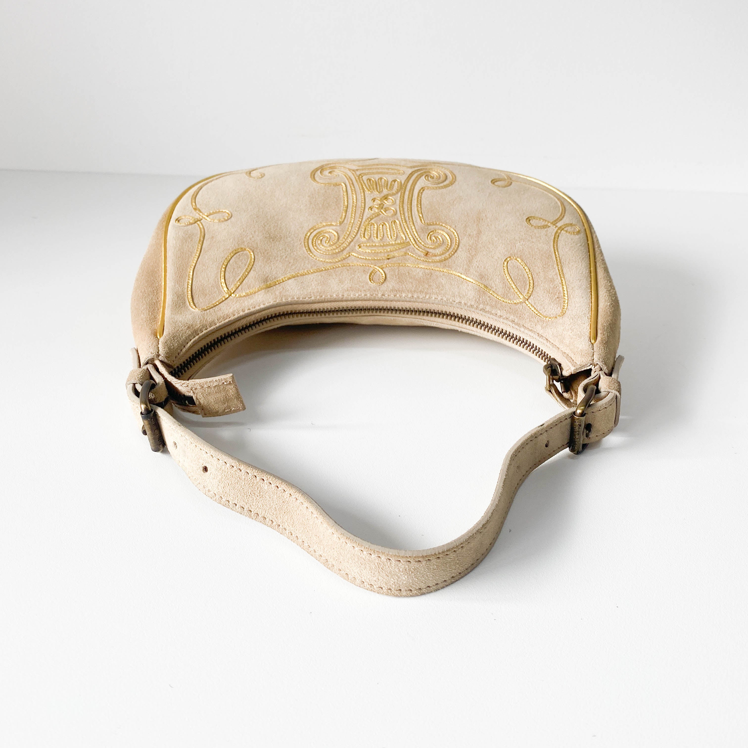 Beige Suede Embroidered Shoulder Bag