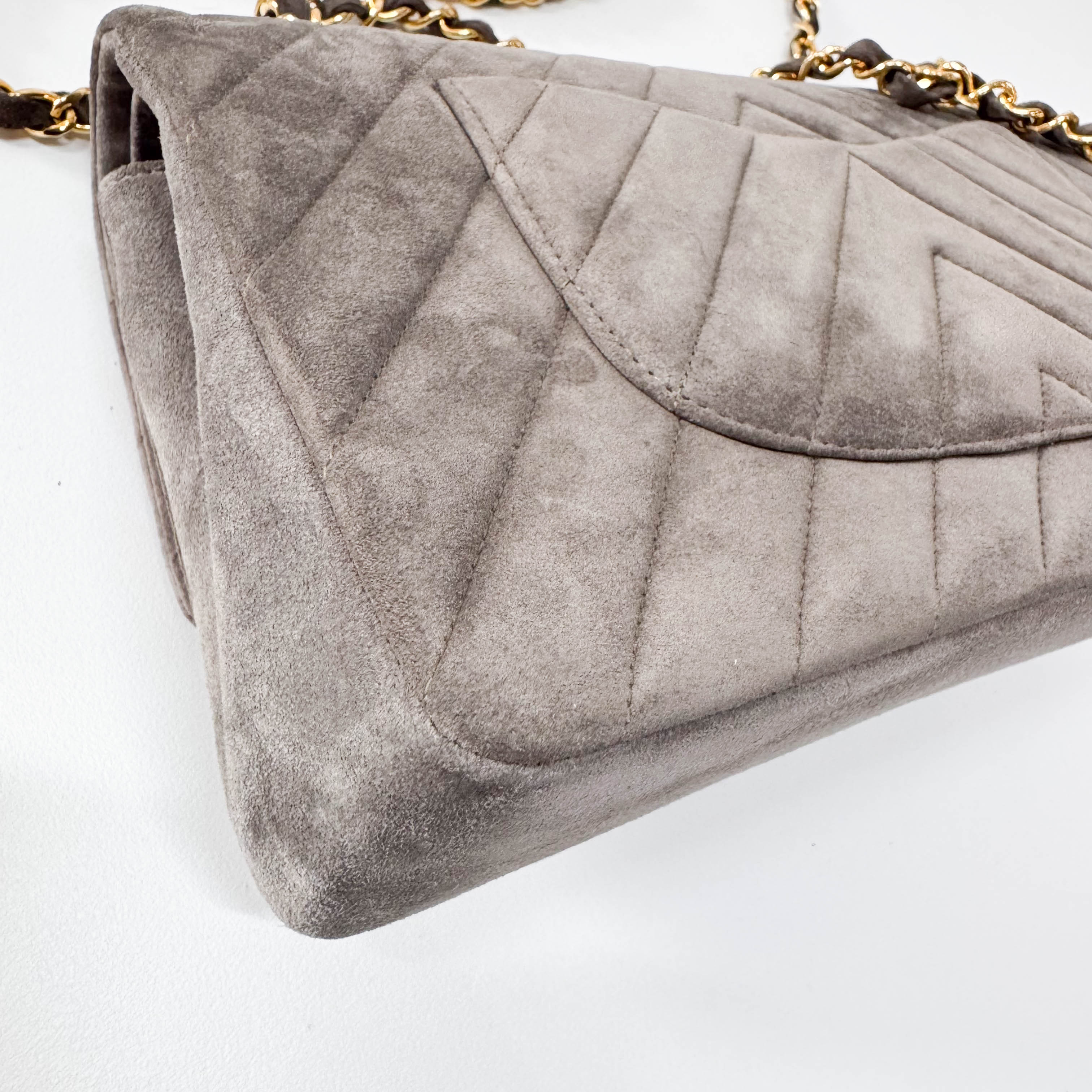 Timeless Classic Double Flap Chevron Grey Suede Chain Shoulder Bag