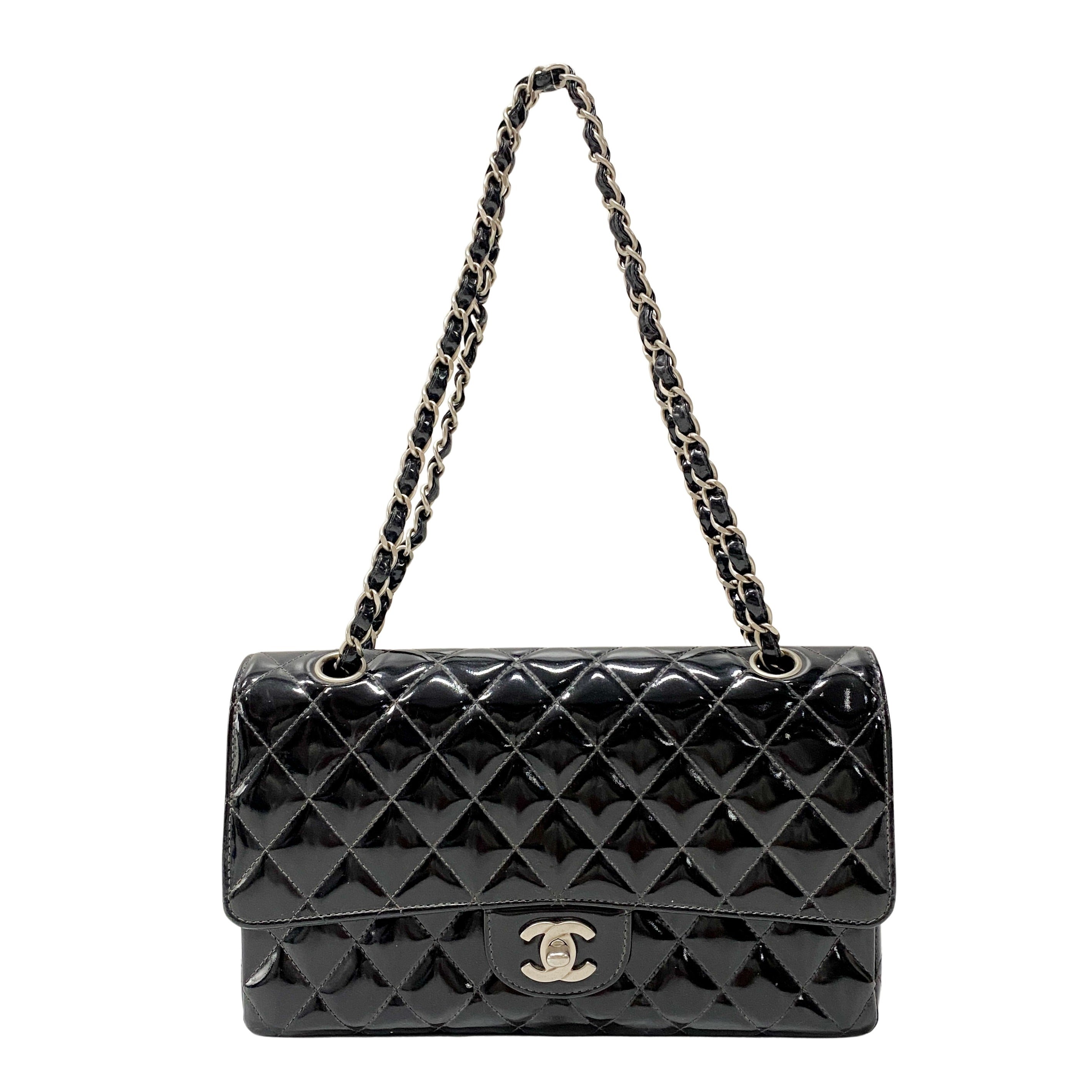 Timeless Classic Double Flap 25 Black Patent Leather Chain Shoulder Bag