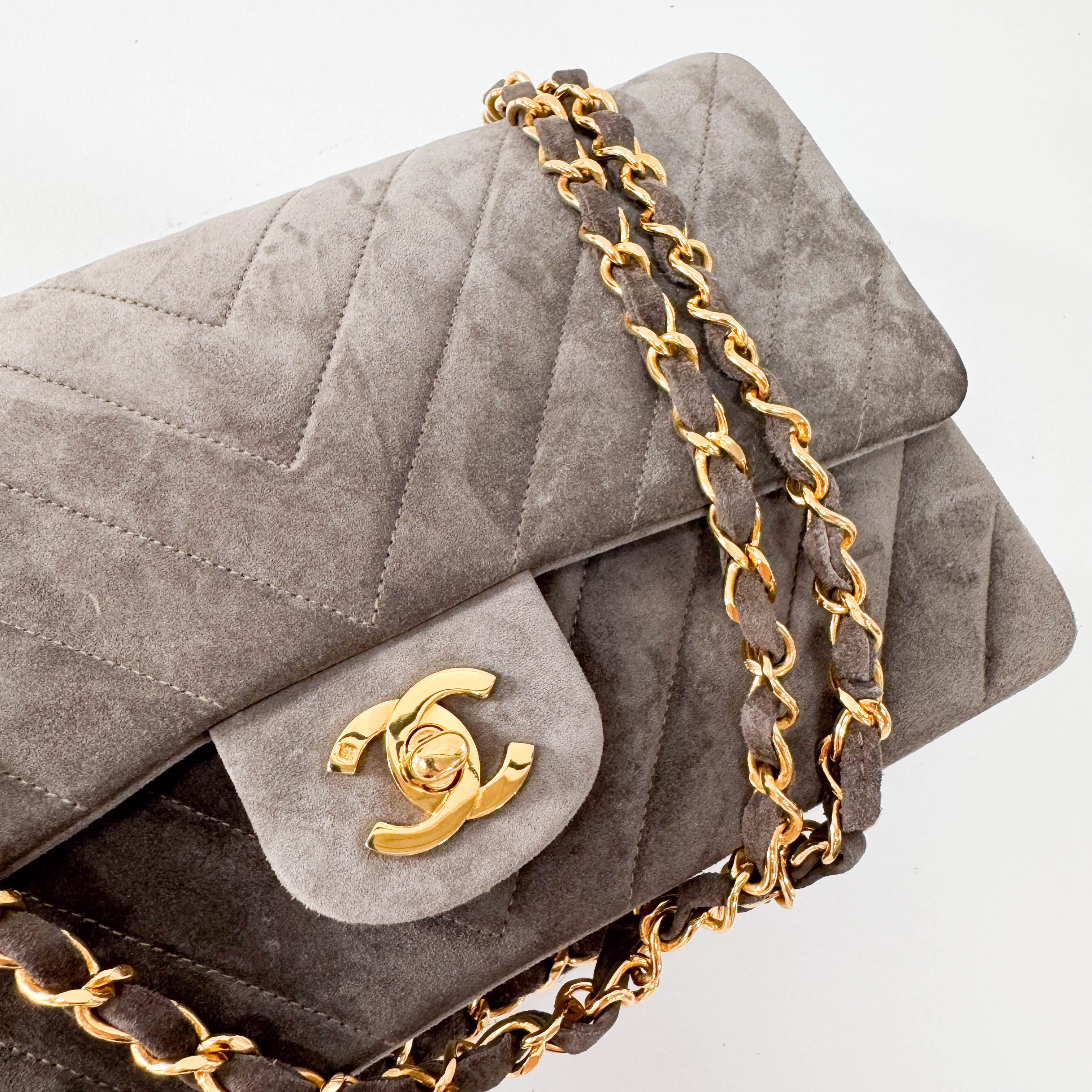 Timeless Classic Double Flap Chevron Grey Suede Chain Shoulder Bag