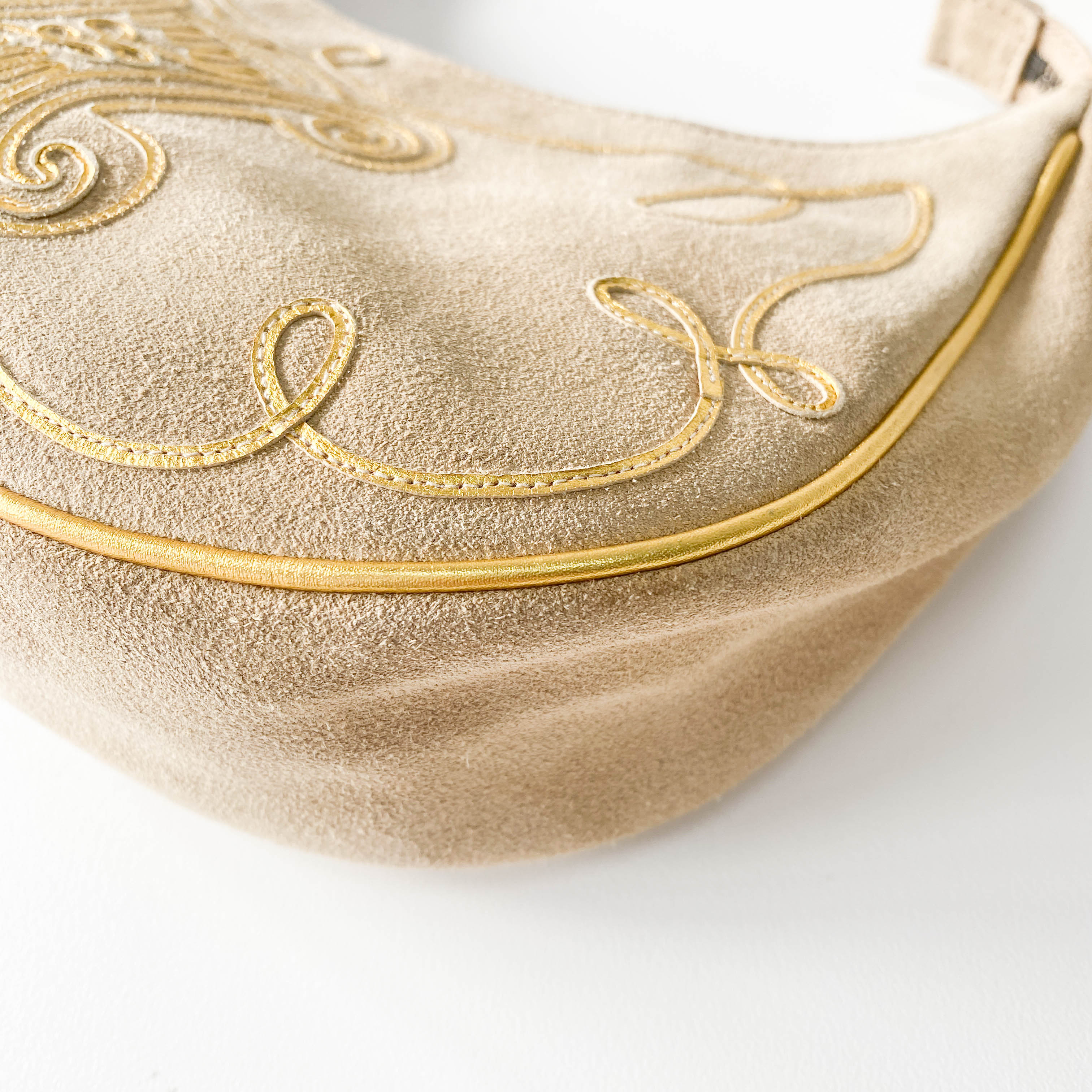 Beige Suede Embroidered Shoulder Bag
