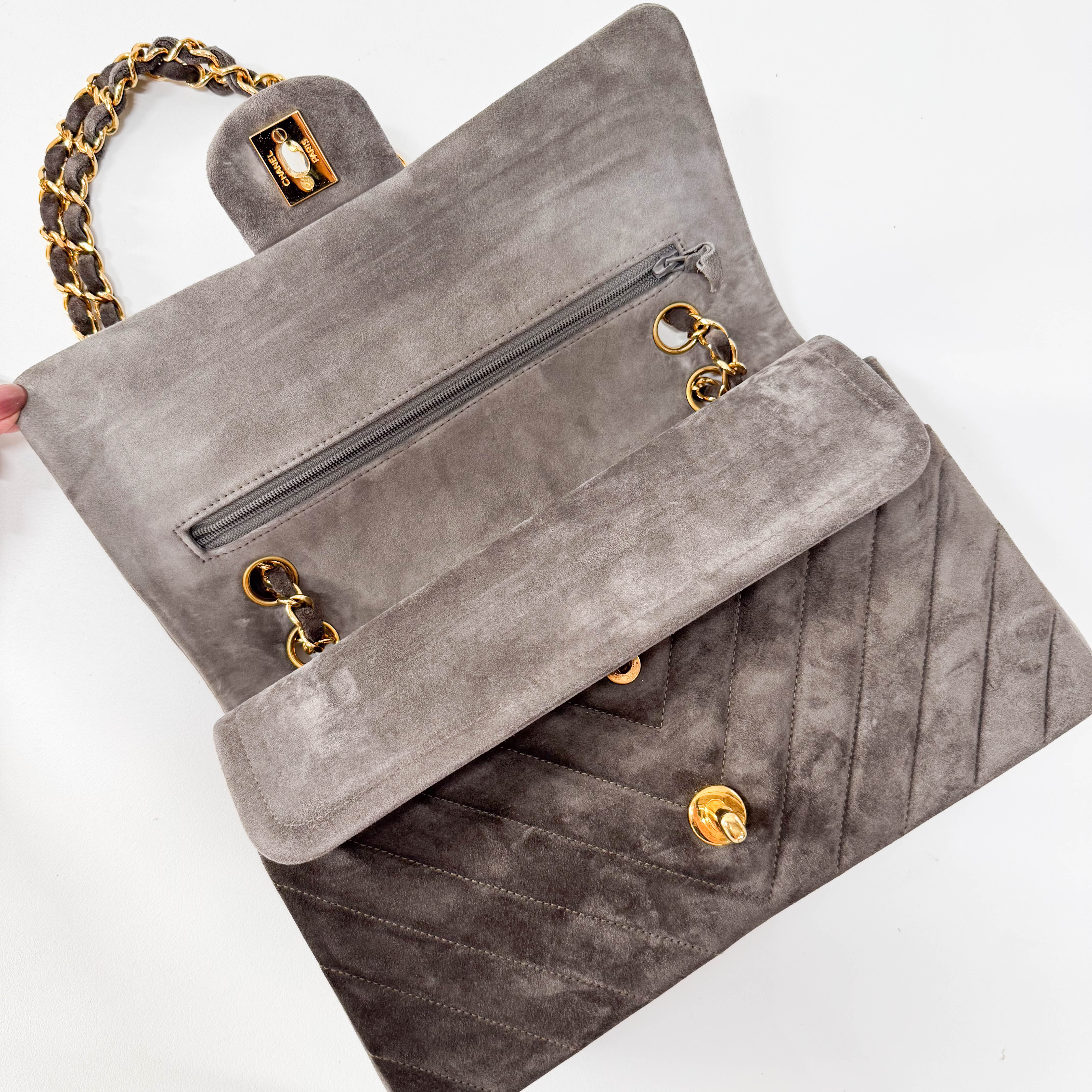 Timeless Classic Double Flap Chevron Grey Suede Chain Shoulder Bag