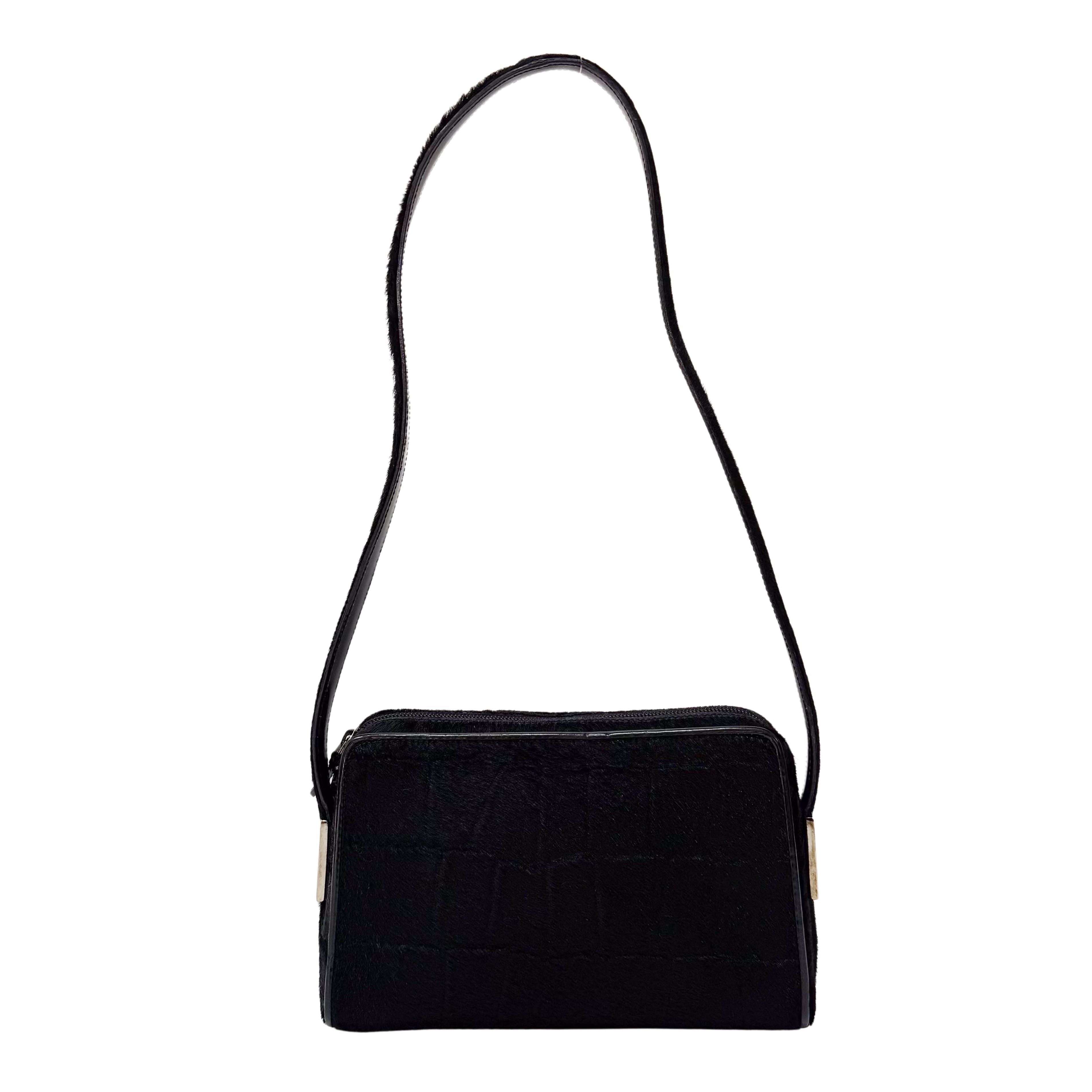 Black Croc Pattern Pony Hair Shoulder Bag