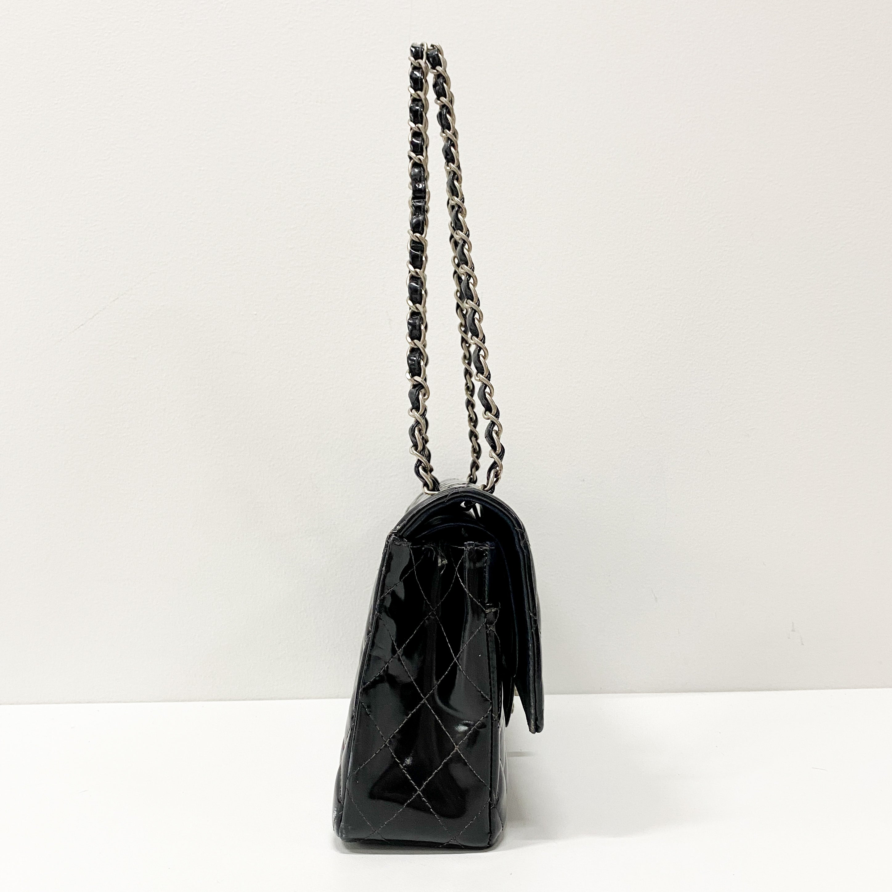 Timeless Classic Double Flap 25 Black Patent Leather Chain Shoulder Bag