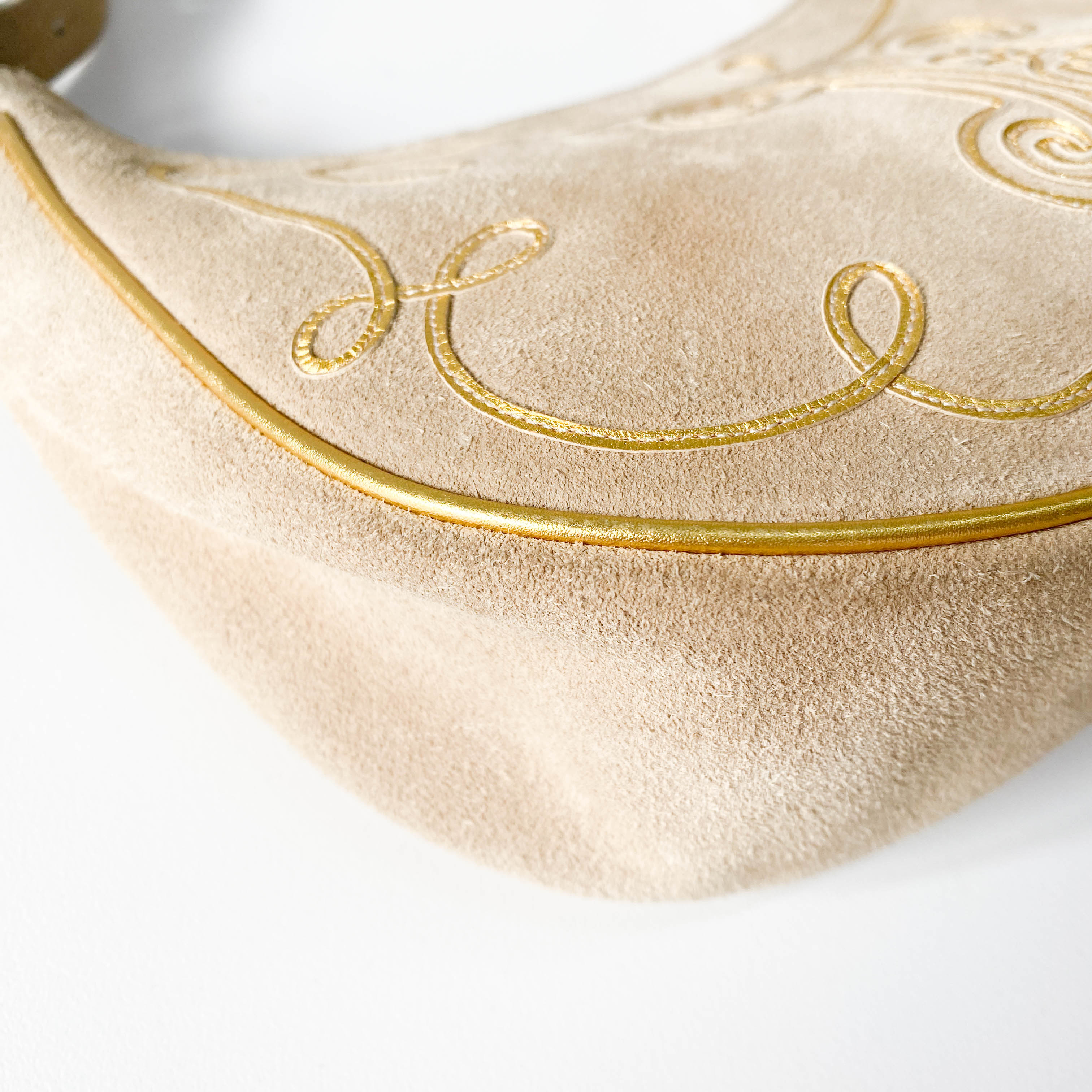 Beige Suede Embroidered Shoulder Bag